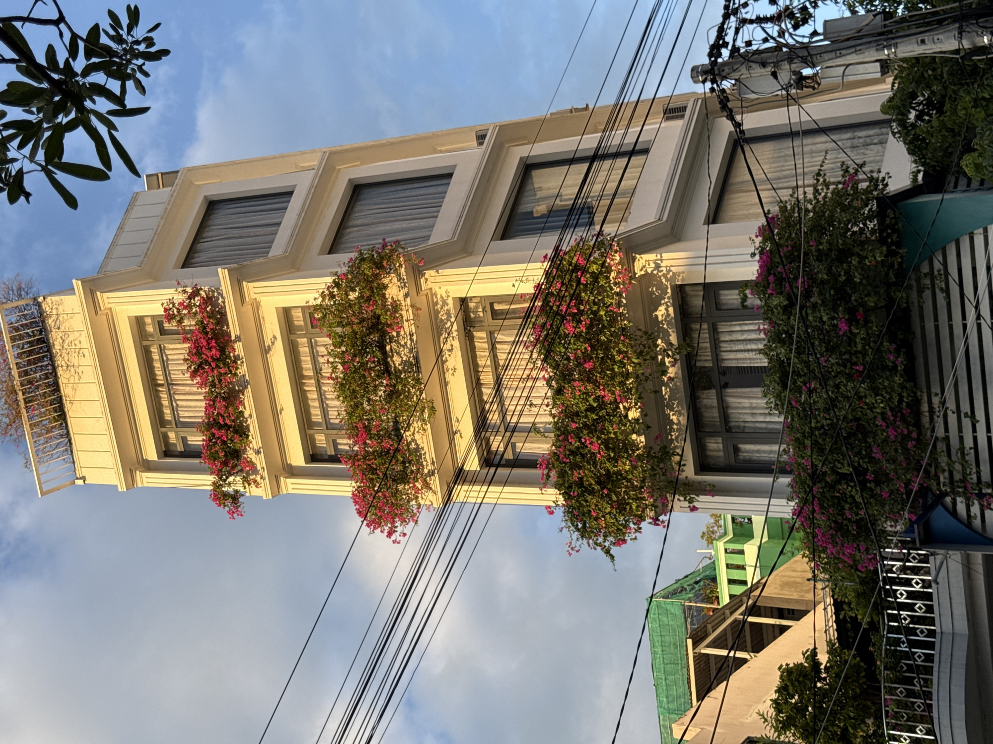 This image captures a narrow, multi-story building in Nha Trang, Vietnam, bathed in the warm light of what appears to be either sunrise or sunset. The building is adorned with multiple balconies overflowing with vibrant pink bougainvillea, creating a striking contrast against its cream-colored facade. The windows are covered by sheer curtains, suggesting an interior setting.
In the foreground, a dense canopy of dark green foliage is visible, with some pink flowers peeking through. A streetlamp with numerous wires is also present, indicating an urban environment. To the left, a portion of another building, partially covered by a green tarpaulin, suggests ongoing construction or renovation. The sky above is a soft blue, dotted with scattered clouds. The overall impression is a blend of urban architecture and lush tropical greenery, characteristic of many Vietnamese coastal cities.