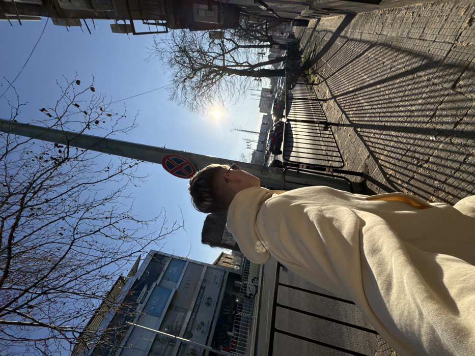 The image displays an urban street scene on Tsar Boris III Obedinitel Boulevard in Plovdiv, Bulgaria, under a clear blue sky with strong, low-angle sunlight. A person, viewed from slightly behind and to the left, occupies the foreground, wearing a light-colored hooded sweatshirt with a yellow inner lining visible in the pocket, and glasses. Their short, styled blonde and brown hair is visible, and they are looking towards the right side of the frame. A black metal barrier separates the paved sidewalk, across which long, parallel shadows are cast, from a multi-lane road with vehicular traffic. A gray utility pole with a red circular "No Stopping" sign (red cross on blue background) is centrally positioned. To the left, a modern, multi-story building features Cyrillic signage, including "ПРОГРЕС" (Progress), "ЦЕНТЪР ЗА КАРИЕРА" (Career Center), and "ЕЗИКОВ ЦЕНТЪР" (Language Center). Bare deciduous trees and an older building line the right side of the street, with the sun's glare prominent to the right of the utility pole.