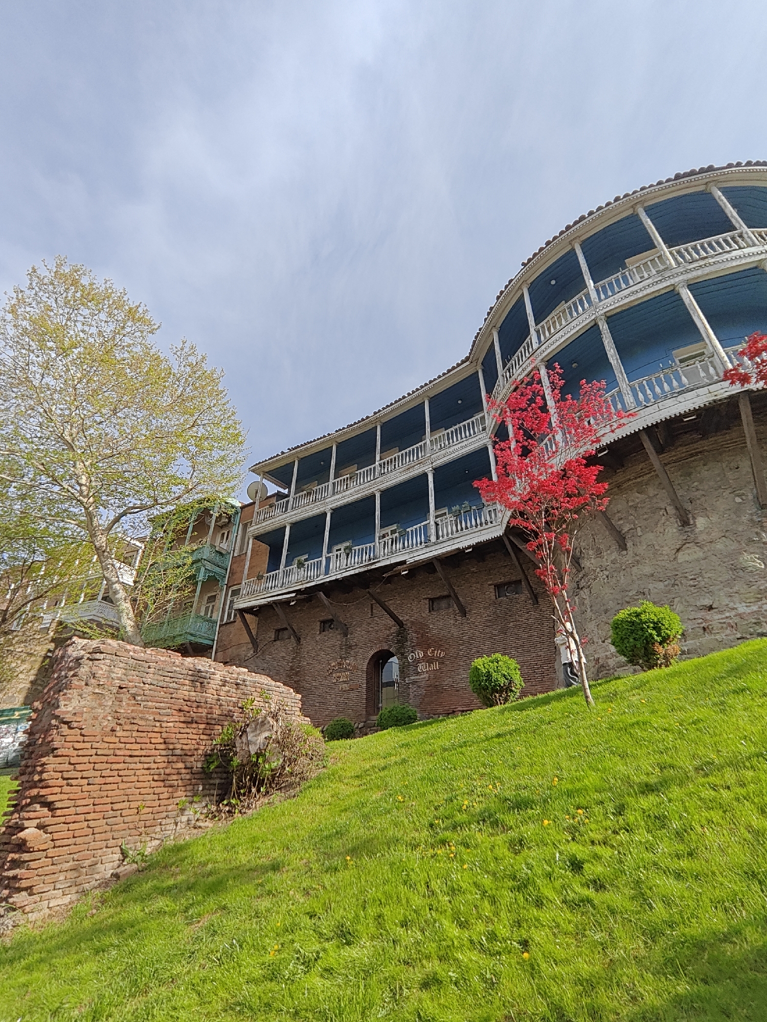 This image presents a vibrant, low-angle view of traditional architecture nestled within a verdant landscape in Tbilisi, Georgia, under a bright, slightly cloudy sky. The central subject is a historic building featuring a prominent, curved facade adorned with multiple levels of balconies. These balconies are distinct with their light blue undersides, intricate white wooden railings, and supporting posts, a common architectural style in old Tbilisi. The building's foundation is composed of a dark brick lower section with an arched opening, above which lies a textured stone wall.
In the foreground and mid-ground, a steeply inclined grassy slope dominates the lower half of the image, dotted with small yellow flowers and featuring several neatly trimmed green bushes. A striking small tree with brilliant red leaves stands out against the building and the green grass. To the left, a large, leafy tree with bright green spring foliage partially frames the scene, with a glimpse of another building featuring a green-covered wooden balcony visible behind it.
The visible text "Old City Wall" is inscribed above the arched opening on the brick base of the main building, clearly indicating the historical context of the location. The time of day is bright daylight, contributing to the clear visibility and vibrant colors throughout the scene. The overall impression is one of charming old-world beauty and a rich architectural heritage set against a refreshing natural backdrop.