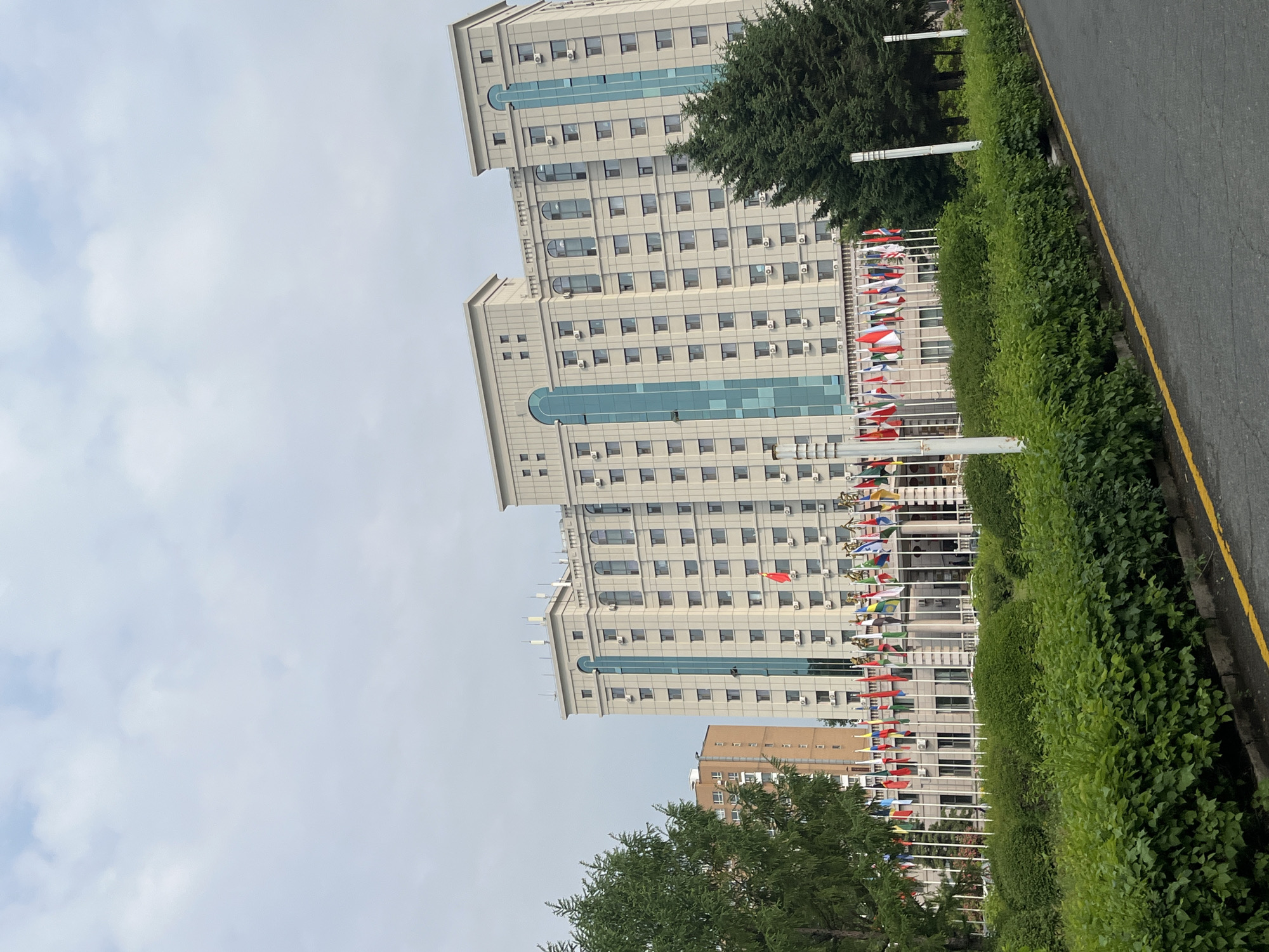 The image depicts an outdoor urban or institutional scene in Changchun City, China, under an overcast or partly cloudy daytime sky. The perspective is slightly angled, looking towards a row of buildings.
In the midground and background, two prominent, multi-story buildings dominate, featuring light-colored facades, numerous square windows, and distinctive blue-tinted glass sections that appear to be vertical design elements or possibly curved bay windows. Multiple air conditioning units are visible mounted below the windows on the building exteriors. A third, smaller brown building is partially visible behind the main structures.
In front of the buildings, a long row of flagpoles displays numerous colorful flags, suggesting an international or multi-organizational setting. While individual flags are not clearly identifiable, their variety indicates a diverse collection.
The foreground is characterized by a well-maintained landscape. A dense, green hedge runs parallel to a paved road, which has a distinct yellow line marking its edge. Several trees are scattered throughout the scene; a large, dark green coniferous tree is visible on the right, partially obscuring the top of one building, and other lighter green trees are present closer to the bottom edge of the frame.
No people or discernible text are visible in the image. The scene is static, portraying a quiet daytime moment.