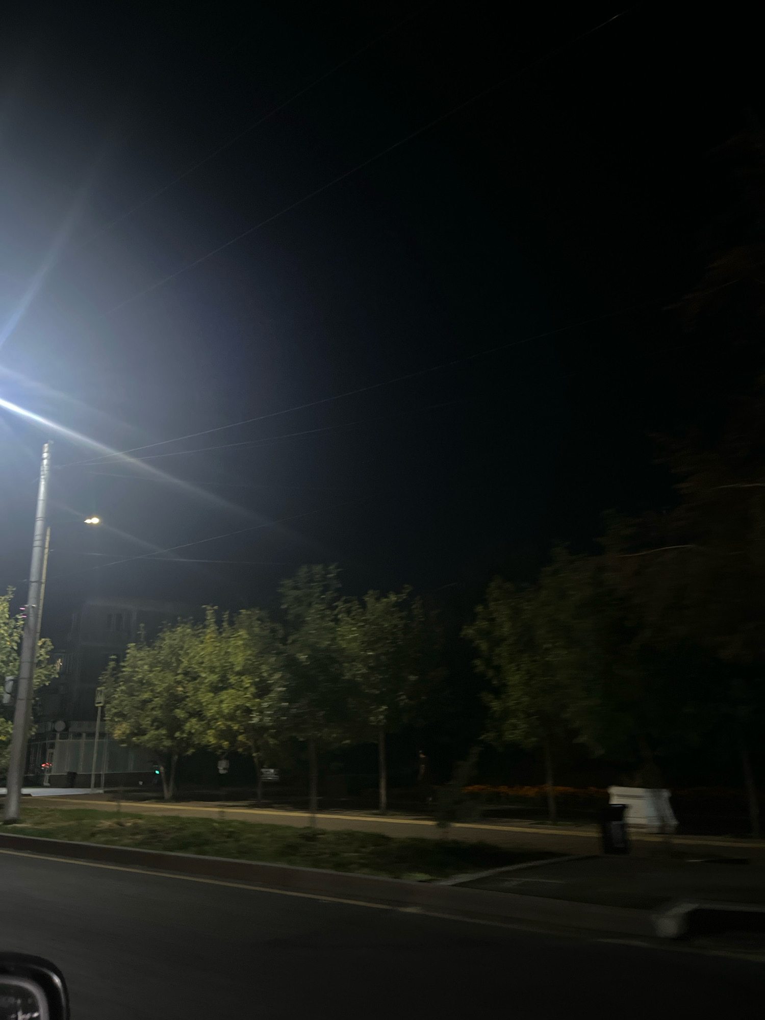 The image depicts a nighttime scene on a street in Almaty, Kazakhstan. A bright street light illuminates the left side of the frame, casting long streaks of light across the dark sky. Several overhead wires are visible, crossing the sky diagonally. In the middle ground, a row of trees with green foliage stands alongside a building with visible windows. A sidewalk and a road are present in the foreground, with the edge of a car visible in the lower left corner, suggesting the photo was taken from a moving vehicle. The overall impression is of a typical urban street at night, with artificial lighting contrasting with the darkness.
