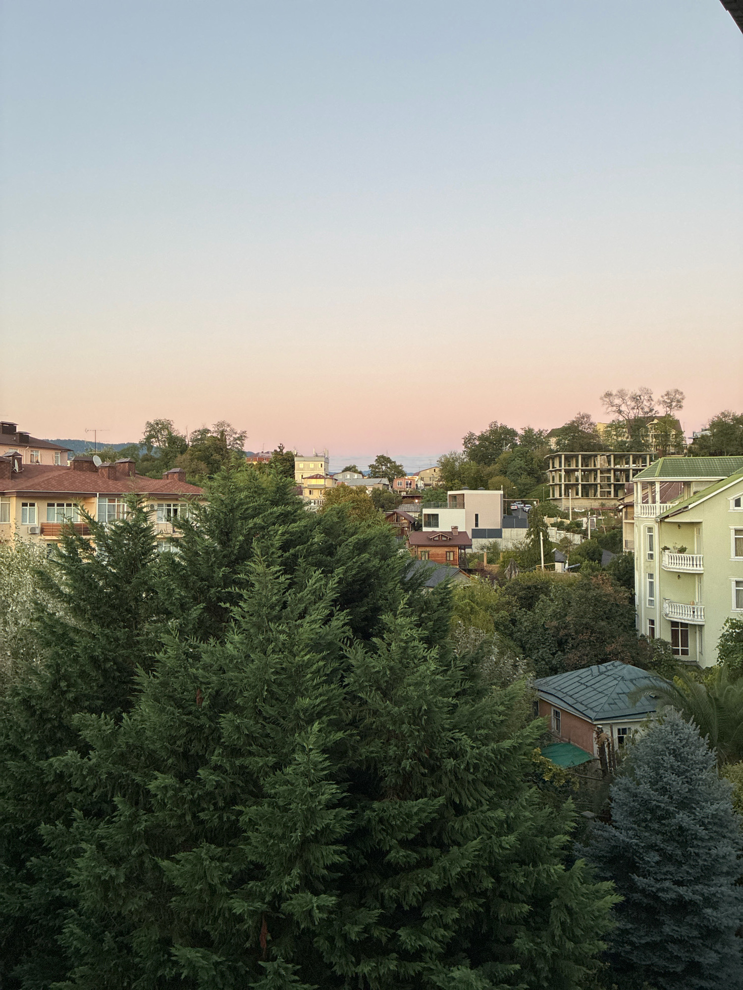 An aerial view of a residential area in Sochi, Russia, at sunset. The sky transitions from a pale blue at the top to a soft pink near the horizon, indicating the golden hour. In the foreground, dense green coniferous trees dominate the scene, with one tree in the lower right exhibiting a blue-green hue. Behind the trees, several buildings are visible, varying in architectural style and height.
To the left, a multi-story building with a red-tiled roof and cream-colored walls features balconies and windows. Further back, a modern light-colored building with a flat roof and prominent windows stands out. A partially constructed building with a concrete frame is visible on a hillside. Several other houses and structures are nestled among the trees, with green roofs and varied facades. The terrain appears to be hilly, with slopes leading up to the buildings. The overall impression is a tranquil, suburban landscape bathed in the warm light of dusk.