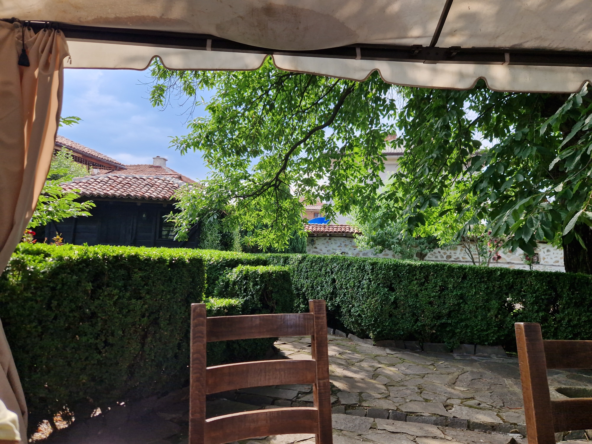 The image shows an outdoor seating area with a view of traditional Bulgarian architecture and lush greenery. In the foreground, two wooden chairs are visible, one in sharp focus and another partially visible to the right. Behind the chairs, a meticulously trimmed green hedge creates a visual barrier. Beyond the hedge, traditional Bulgarian houses with red tile roofs and stone walls are visible, suggesting a setting within the historic town of Panagyurishte, Bulgaria. The scene is framed by the canopy of a white awning, and lush green trees and foliage are abundant throughout the image, indicating a pleasant outdoor setting, possibly a garden or a courtyard of a historical inn or restaurant. The sky is blue with scattered clouds.