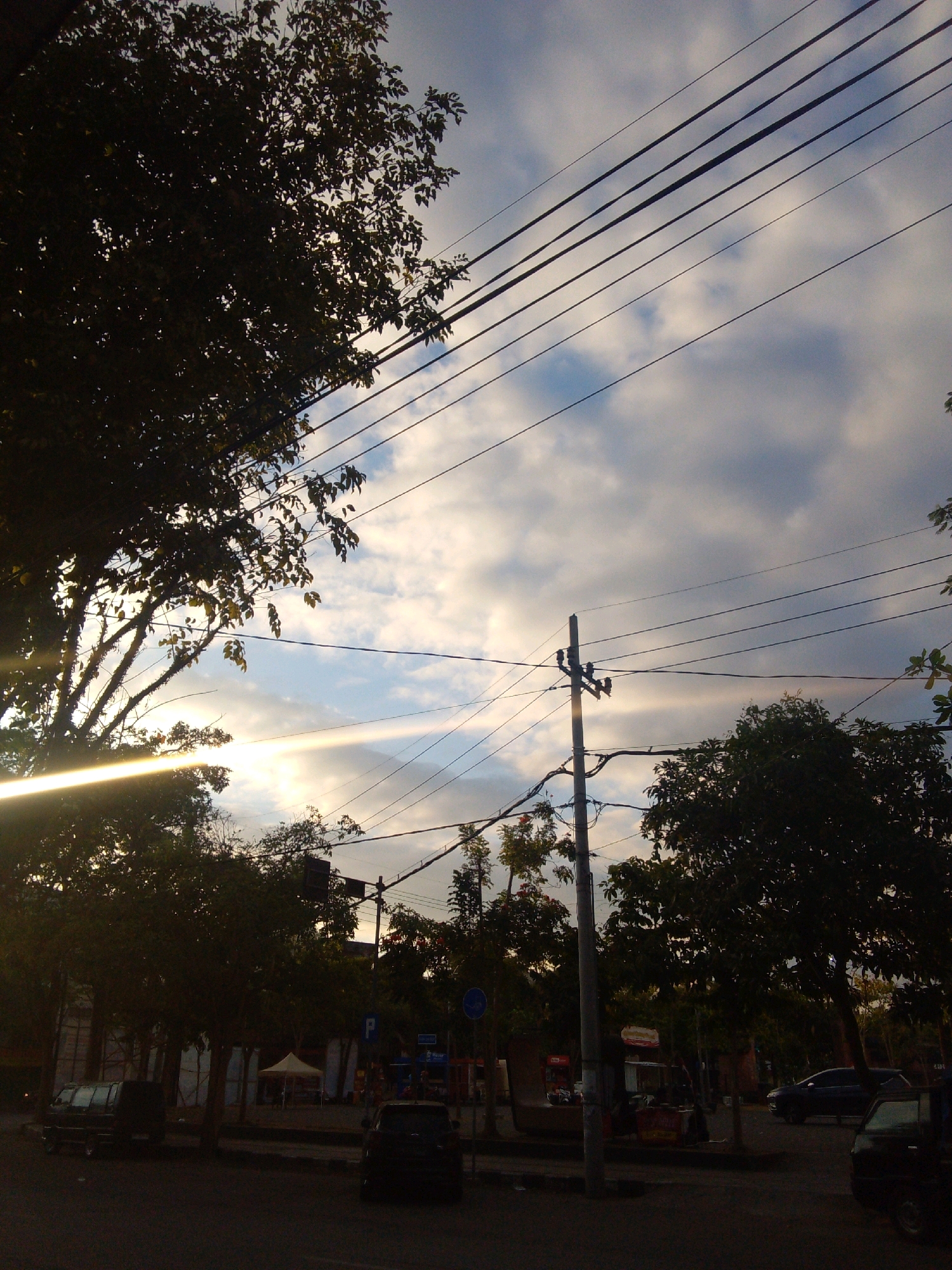 The image depicts a street scene in Trenggalek, Indonesia, during what appears to be late afternoon or early evening, as indicated by the low sun angle and the quality of light. The sky is partly cloudy, with bands of sunlight breaking through, creating a slightly hazy or diffused illumination. Several power lines are strung across the upper portion of the frame, supported by utility poles.
In the foreground, a paved road is visible, with parked vehicles. To the left, a dark-colored van or SUV is parked. Further to the right, another dark-colored car is parked. A silhouette of a person can be seen near the van.
Along the street, there are trees with dense foliage, some of which are silhouetted against the sky. The foliage of a large tree dominates the left side of the image, with some sunlight filtering through its branches.
In the middle ground, a white tent is set up, possibly for a market stall or event. Behind the tent, there are buildings or structures that are partially obscured by trees and shadows. There are also signs visible, including a blue circular sign with a white symbol, and a blue sign with a white "P", indicating parking.
The overall impression is a typical urban street in Indonesia, with a mix of natural elements (trees) and infrastructure (power lines, utility poles), along with evidence of vehicular traffic and human activity. The lighting suggests a transitionary period of the day, contributing to the atmosphere of the scene.