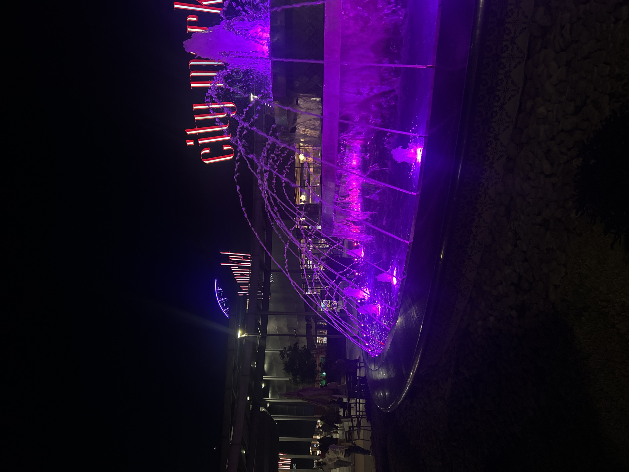 At night, a fountain is illuminated with purple light in San Bernardino Tlaxcalancingo, Mexico. The fountain jets water, which is also illuminated with purple light. To the left of the fountain is a building with a sign that reads "City Mark," illuminated in red and white. There are people sitting at tables on a patio in front of the building. Some people are standing nearby. The ground around the fountain is covered in dark stones.