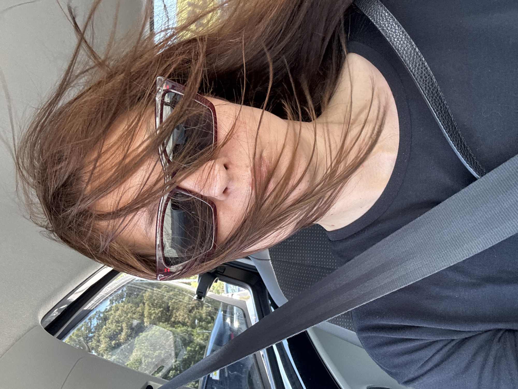 A woman with long, brown hair is taking a selfie in a car. She is wearing sunglasses and a black t-shirt. Her hair is blowing in the wind, partially obscuring her face. The seatbelt of the car is visible across her chest. The background shows a window with trees and another car outside. The image appears to have been taken in the city of Åkersberga, Sweden.