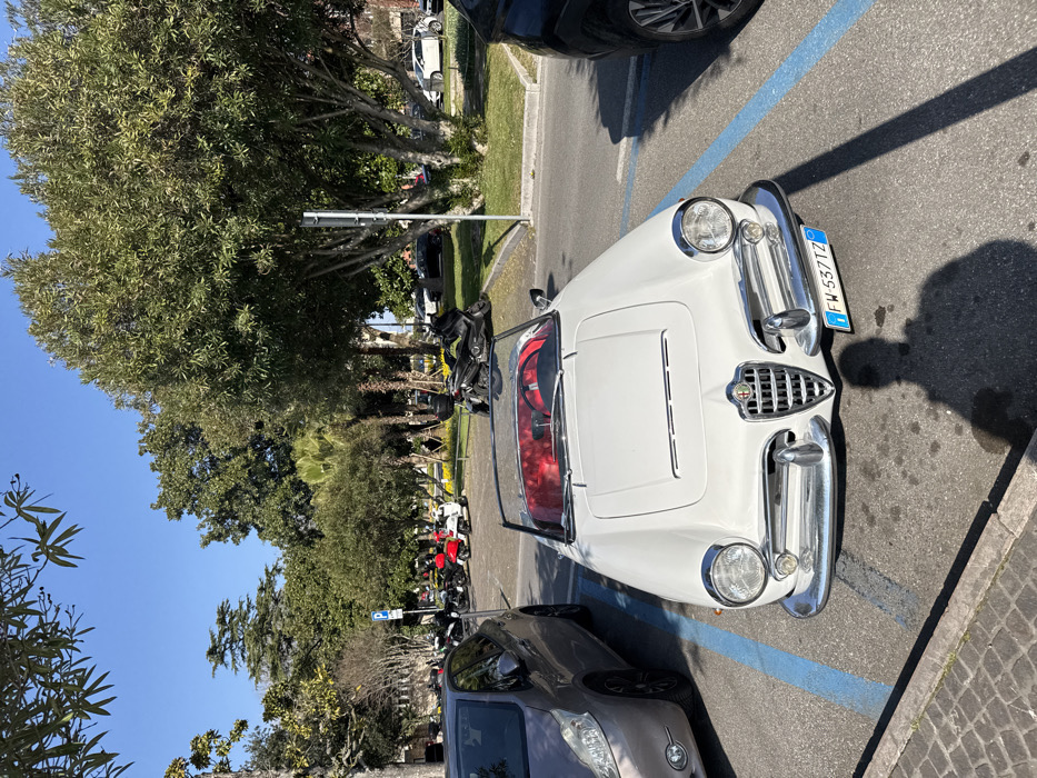 A white vintage Alfa Romeo convertible, featuring a red interior and Italian license plate "FW 537TZ", is parked head-on in an asphalt parking space delineated by blue lines. A silver/grey modern hatchback occupies the adjacent space to its left, and a dark SUV is partially visible to its right. In the middle ground, a dedicated parking area contains multiple motorcycles and scooters of various colors. The background displays a public park environment with a diverse collection of trees, including deciduous, evergreen, and palm varieties, beneath a clear blue sky. A blue 'P' parking sign is visible among the trees. The foreground consists of an asphalt surface with blue markings, an adjacent cobblestone pavement edge, and the prominent shadow of a person. The scene is brightly illuminated by direct sunlight, producing defined shadows. This specific location is identified as a public parking area in Sirmione, Italy, situated near Piazzale Porto.