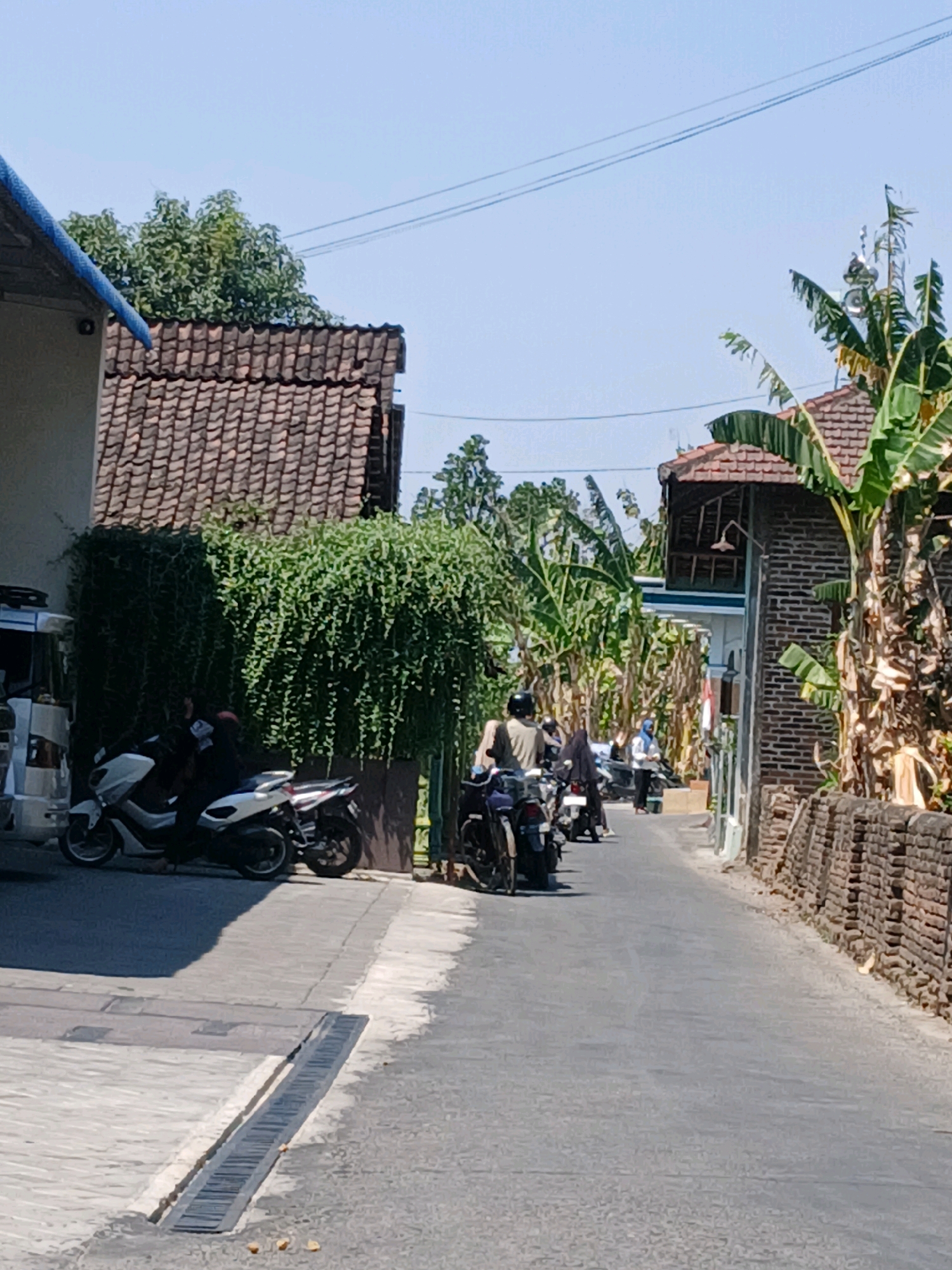 The image depicts a street scene in Bogem, Indonesia. On the left side of the street, a white scooter is parked, with two individuals seated on it. Behind the scooter, a dense hedge of green vines covers a wall. Further down the street, several more scooters are parked, with people gathered around them. In the background, traditional Indonesian houses with tiled roofs and brick walls are visible, interspersed with lush banana trees. The sky is clear blue, indicating a sunny day. A drainage grate is present on the sidewalk in the foreground.