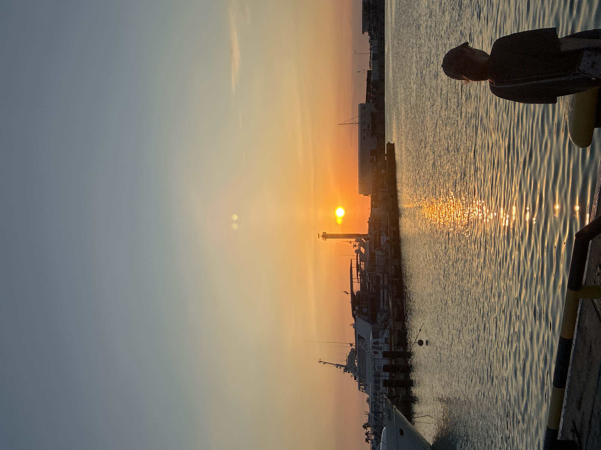 A person wearing a dark t-shirt and a baseball cap faces away from the camera, looking out at a harbor at sunset. The sun is low in the sky, casting a warm, orange glow over the scene. The water reflects the sunset, creating a shimmering path of light. In the background, several boats and a lighthouse are visible. Palm trees can be seen on the left side of the frame. The person is standing on a dock with a yellow and black striped railing. The location is the Sochi seaport in Russia.
