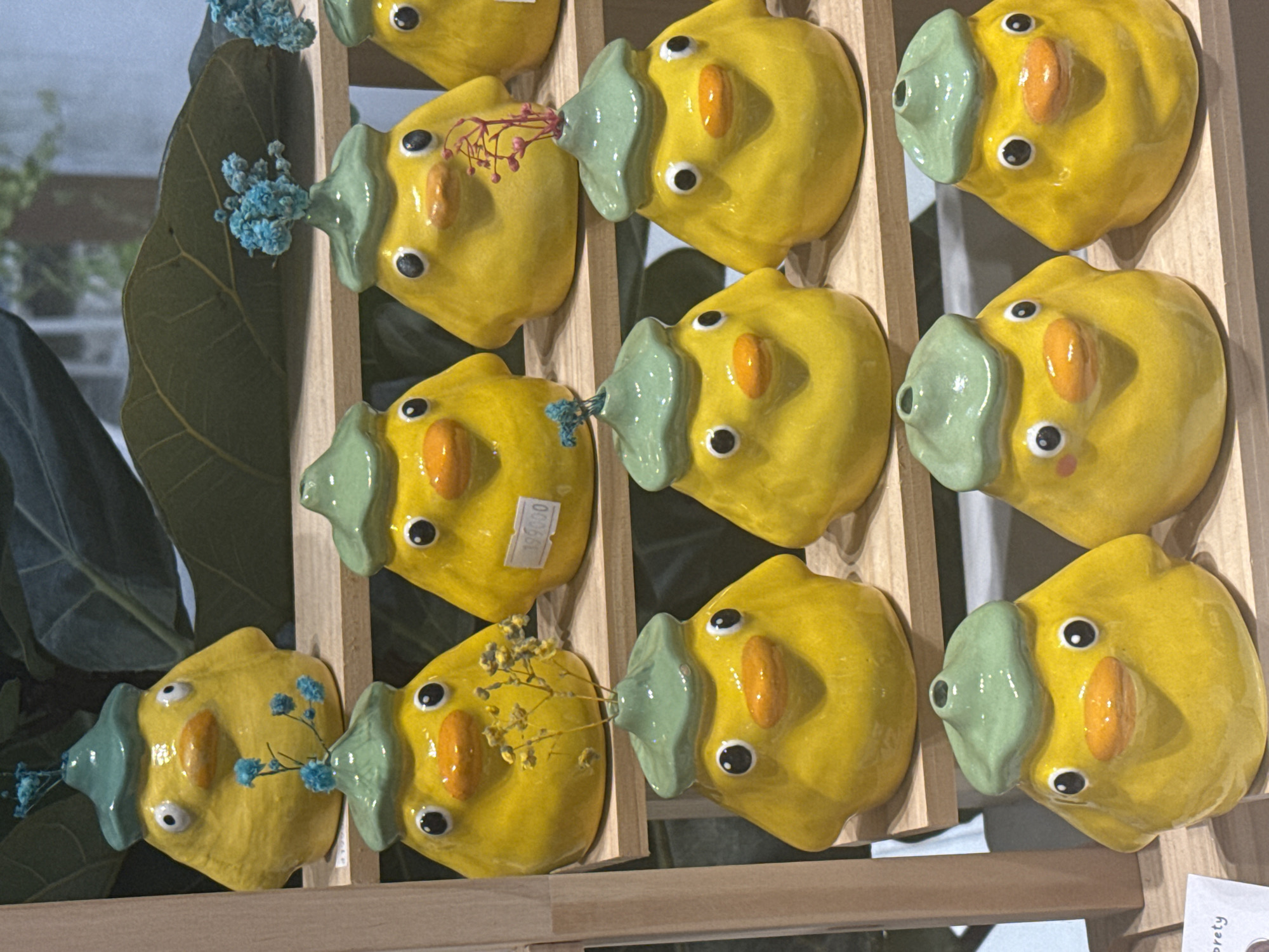 A shelf displays nine ceramic duck-shaped objects, each bright yellow with a light green bill and black eyes. Some have small sprigs of dried flowers in the opening where their mouths would be. The objects are arranged in three rows of three on a wooden shelf. A price sticker is visible on one. Some plants are visible behind the ducks. The image was taken in the city of Nha Trang Ward, Vietnam.