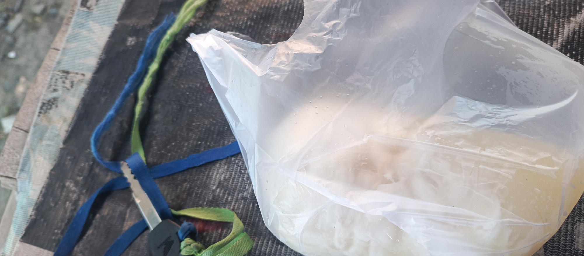 The image shows a close-up view of a clear plastic bag containing light-colored food items, possibly noodles or dough, with some liquid. The bag is translucent, and condensation is visible on its surface. To the left of the bag, there are colorful woven cords in blue and green, and a small silver object with a serrated edge, possibly a knife or a tool, is partially obscured by the cords. The background appears to be a textured surface, possibly a mat or fabric, with a dark pattern. The overall scene suggests an outdoor setting. The image was taken in Jatisari, Indonesia.