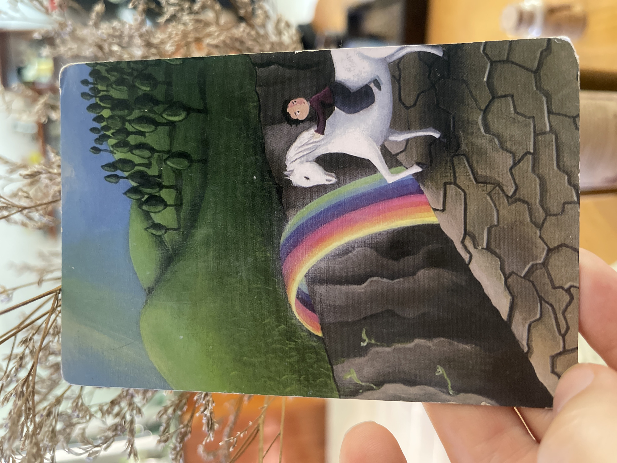 An overhead shot shows a tarot card held by a person's hand. The card depicts a child riding a white horse on a cliff's edge. A rainbow arcs from the cliff to the left. In the background, a green hill with trees under a blue sky is visible. The card is set against a blurry background of dried flowers and an out-of-focus interior space, possibly a room, with hints of furniture and a small bottle.