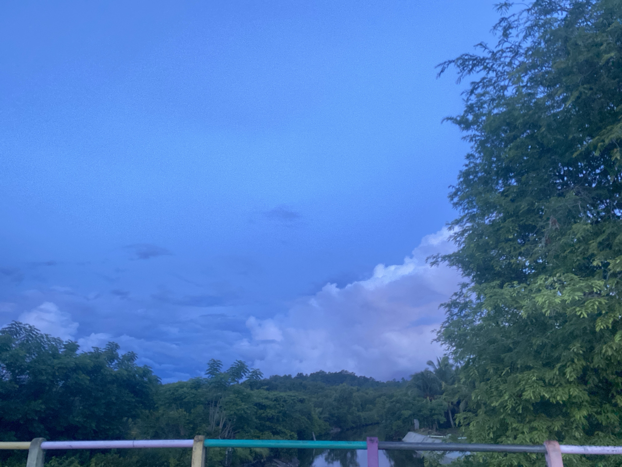 The image depicts a serene natural landscape under a twilight sky, likely taken from a vantage point overlooking a body of water. The sky transitions from a deep blue at the top to lighter shades near the horizon, with soft, wispy clouds interspersed with darker, more dramatic formations. A large, lush green tree dominates the right side of the frame, its foliage casting shadows. In the distance, a dense line of trees and vegetation forms a hilly backdrop, suggesting a rural or semi-rural environment. The foreground features a railing with segments of white, purple, and green, indicating a bridge, walkway, or balcony. Below the railing, a reflective surface, possibly water, mirrors the sky and surrounding greenery. The overall atmosphere is tranquil and slightly moody, characteristic of dusk. This scene is located in Lambaro Kueh, Indonesia.