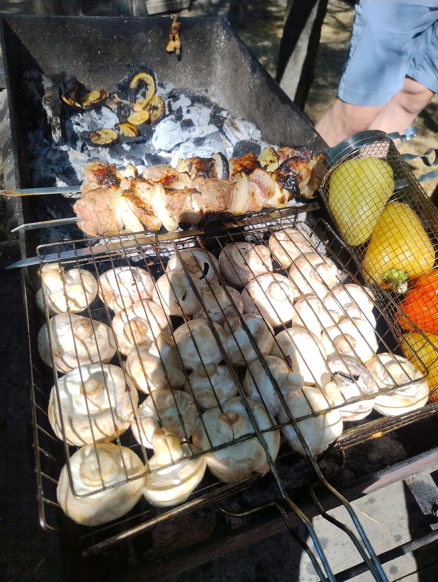 A close-up, top-down, eye-level shot shows food being grilled over charcoal in an outdoor setting. In the foreground, a metal grill basket is filled with whole, white mushrooms. Above the mushrooms, a skewer holds pieces of meat that are being grilled, with some pieces showing char marks. To the right of the meat skewer, a mesh metal basket contains yellow bell peppers and a red bell pepper. The background shows a charcoal grill with embers and some charred lemon slices. A person's legs, wearing blue shorts, are visible in the upper right portion of the image, suggesting they are attending to the grill. The scene appears to be a picnic or outdoor gathering. The location is identified as Unknown, Unknown.