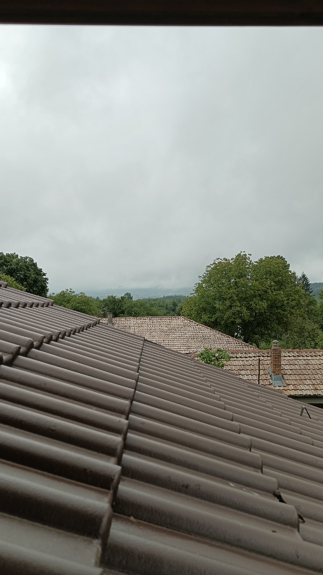 The image presents a view from a high vantage point, likely a window or upper floor, overlooking the rooftops of houses in Mihaylovtsi, Bulgaria. The sky is overcast, creating a muted light across the scene.
In the foreground, the brown tile roof of the building from which the photograph is taken dominates the view. The tiles are laid in a repetitive pattern, showing their curved profile.
Beyond the foreground roof, there are other rooftops visible, covered with lighter colored tiles. A brick chimney stands on one of the adjacent roofs.
Trees with green foliage fill the mid-ground, obscuring some of the distant landscape. A line of hills or mountains is faintly visible on the horizon under the overcast sky. No people are visible in the image.