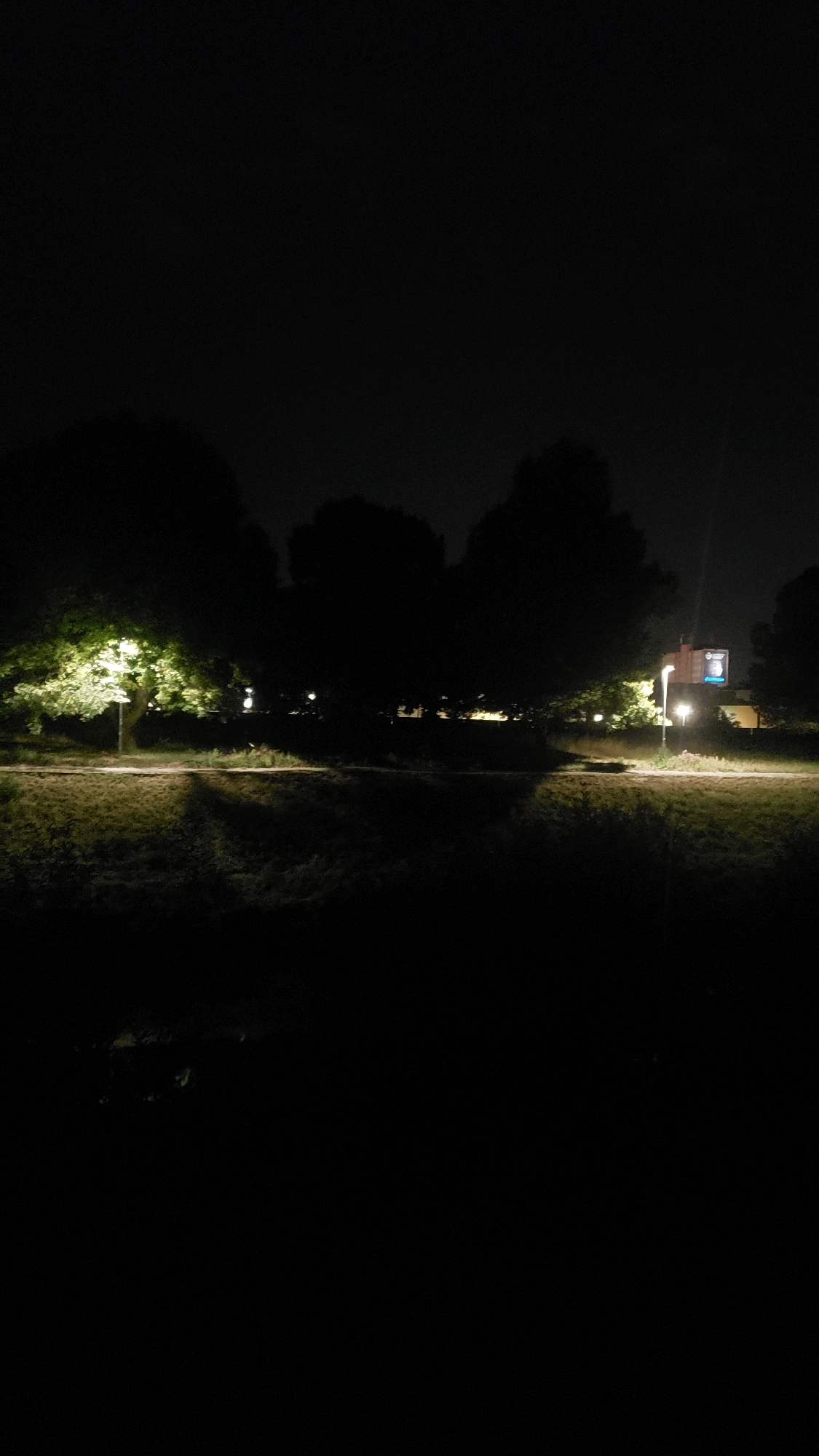 The image captures a nighttime scene in a park-like area, likely in Prešov, Slovakia, illuminated by artificial lights. In the foreground, a dark, grassy area transitions into a paved path. Beyond the path, silhouetted trees with glowing foliage from nearby streetlights dominate the midground. Further back, additional trees and the facade of a building are visible, with lights emanating from within. A brightly lit sign or billboard is mounted on the building's upper section. Several streetlights are scattered throughout the scene, casting pools of light on the path and surrounding vegetation, creating distinct shadows. The overall atmosphere is dark and quiet, with the artificial lighting defining the visible elements against the night sky.