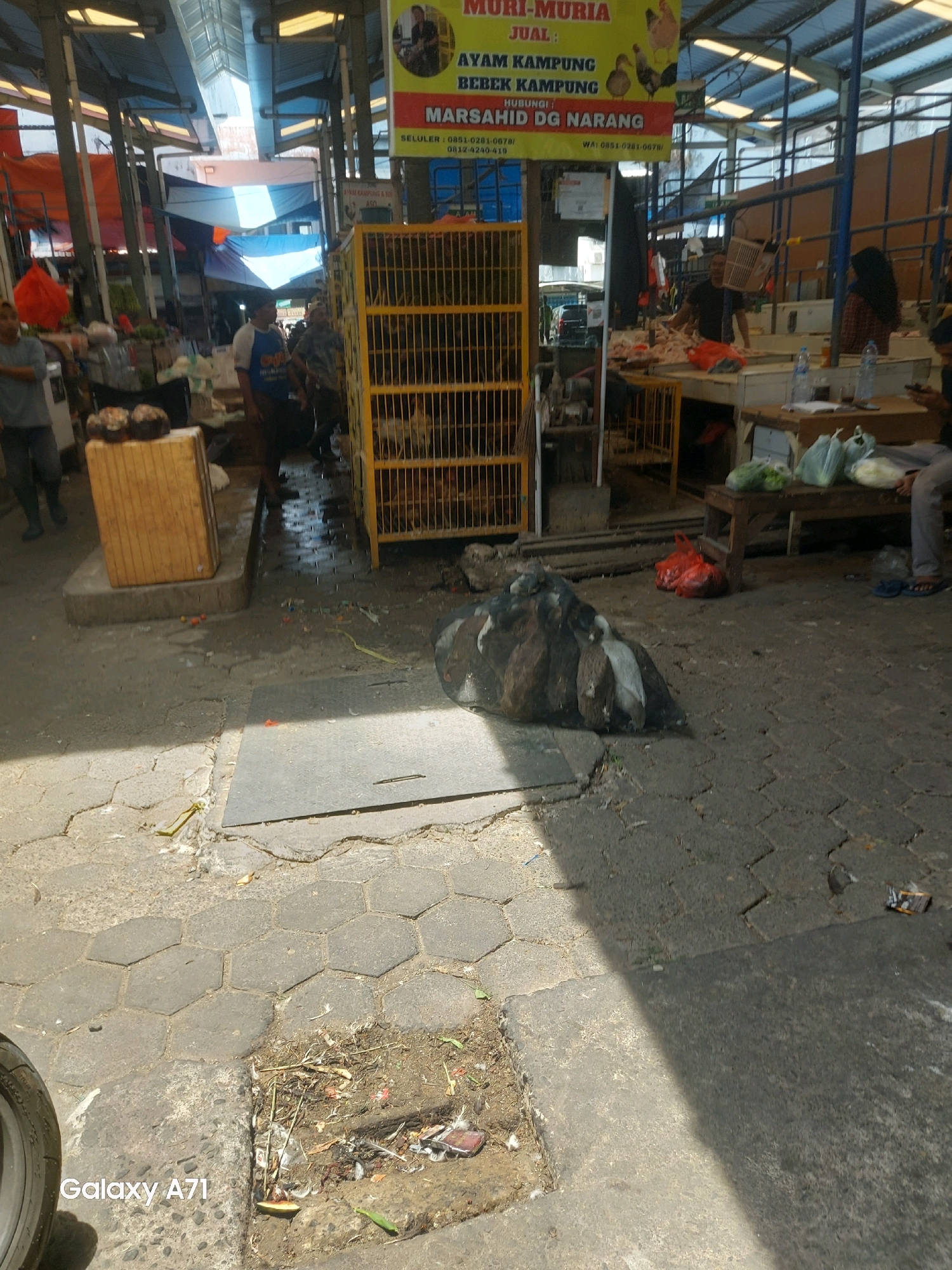 The image depicts a busy outdoor market in Makassar, Indonesia. A yellow birdcage, containing chickens, is prominently displayed in the foreground. In front of the cage, a dark-colored plastic bag holds several ducks. The ground is paved with interlocking hexagonal and rectangular stones, with some debris and puddles of water scattered about, indicating recent activity or maintenance. A wooden crate with two items on top, possibly meat, sits to the left. A sign with text in Indonesian, featuring images of chickens and ducks, is visible in the background, advertising "AYAM KAMPUNG BEBEK KAMPUNG" (Free-range Chicken, Village Duck) and contact information. Several individuals are present, some appearing to be vendors or shoppers, engaged in market activities. The overall scene is characteristic of a traditional Indonesian market, with an emphasis on fresh produce and poultry.
