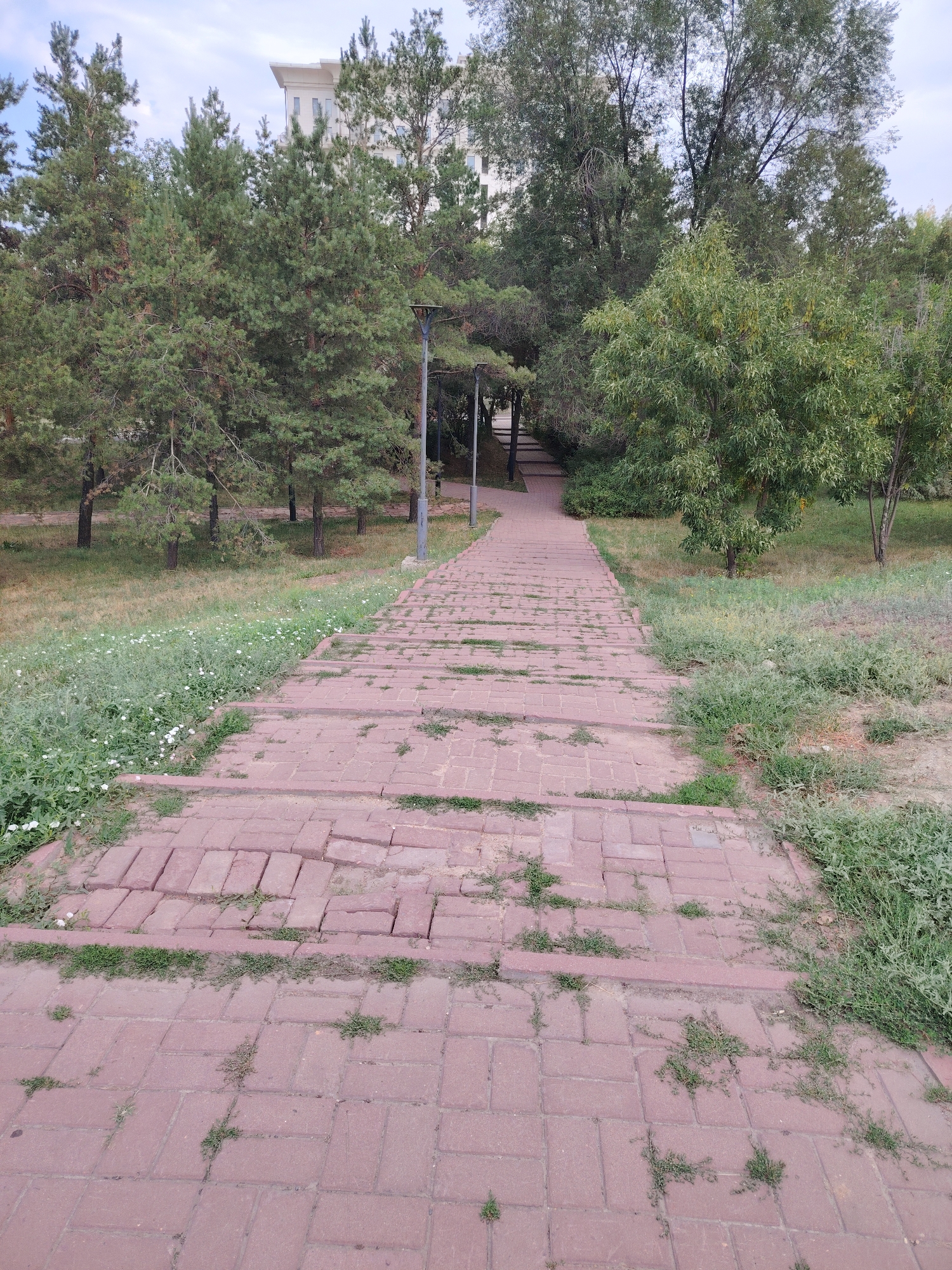 An outdoor shot depicts a brick pathway leading uphill into a park. The pathway is composed of red brick pavers and shows signs of wear and tear, with some bricks displaced and grass growing through the cracks. Surrounding the pathway are patches of grass, scattered white wildflowers, and various trees, including pine trees and deciduous trees. In the background, a modern, multi-story building with a light-colored facade is visible, peeking through the trees. Two lampposts are present along the pathway, one visible on the left side and another further up on the right. The sky is overcast. The scene appears to be in a public park or recreational area in Astana, Kazakhstan, as evidenced by the architectural style of the building and the overall park environment. No people are present in the image.