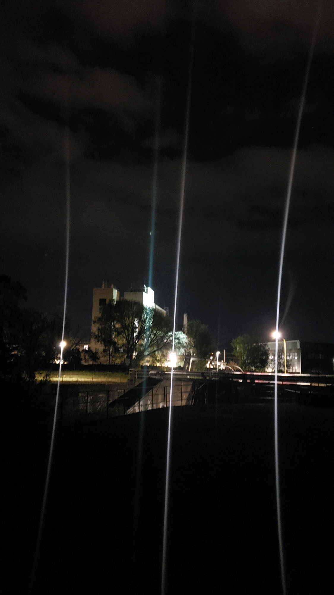 At nighttime, a building with illuminated windows stands behind a cluster of trees. Several bright vertical light streaks dominate the foreground and midground, indicating either lens flare or illuminated spotlights directed upwards. The overall scene is dark with some ambient light from the building and streetlights reflecting off surfaces. The location is not identifiable from the image alone and no specific city or country can be determined. There are no people or discernible actions in the image.