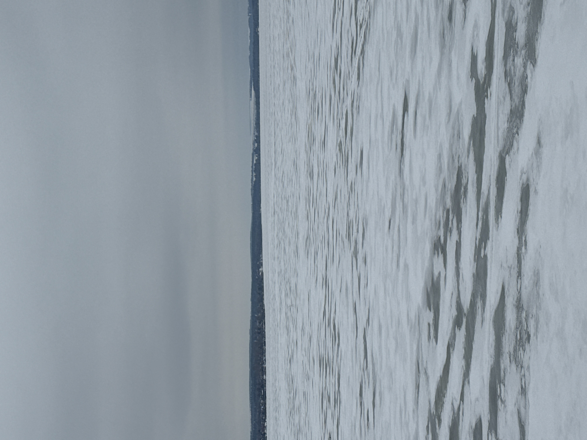 The image depicts a body of water, likely a river or lake, in the city of Votkinsk, Russia. The water's surface shows ripples and wave patterns, suggesting some movement. On the left side of the image, there is a bank or shoreline with dense vegetation and possibly some buildings visible in the distance. The sky is overcast, creating a diffused, grey light, and visibility appears limited.