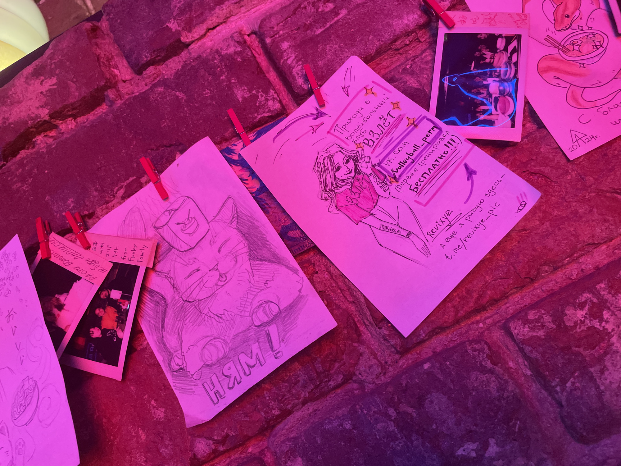 The image shows a section of a brick wall with drawings and photos attached using red clothespins. The lighting is predominantly pink and purple.
One drawing depicts a cat with the word "НЯМ!" written below it. Another drawing shows a girl in a t-shirt with the text "Приходи в Волейбольный клуб Взлёт" (Come to the Volleyball Club Takeoff) and mentions a free first training session with a link to vk.com/volleyball_perm. Below this is handwritten text referring to "Revixye" and a Telegram channel "t.me/revixye-pic".
There's a Polaroid photo of people, and another drawing of a snake with text "С благ ш" (with blessing w) and the date "20/24". Another Polaroid photo has a handwritten caption which includes words like "Расти Большо не будь Лапшо", "Japan with Maria Kate from Funky Family".