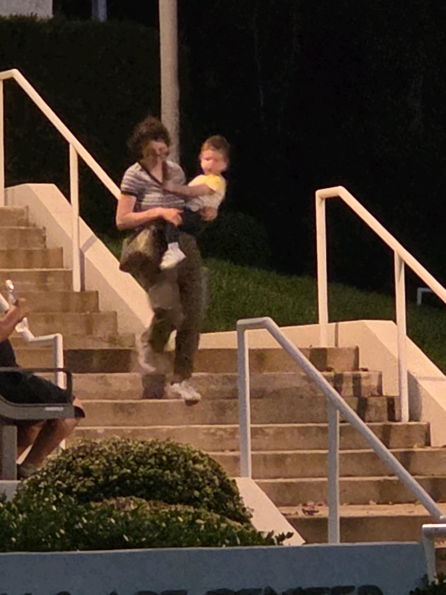 A woman is holding a toddler while walking up a concrete outdoor staircase at night. The woman is wearing a striped t-shirt and olive green pants, and the toddler is wearing a yellow shirt and white pants. There are white handrails on either side of the stairs. In the foreground, there is a bush with small white flowers. The background is dark, with hints of green grass. No specific location within the city of Glendale, United States of America, can be identified from the image.