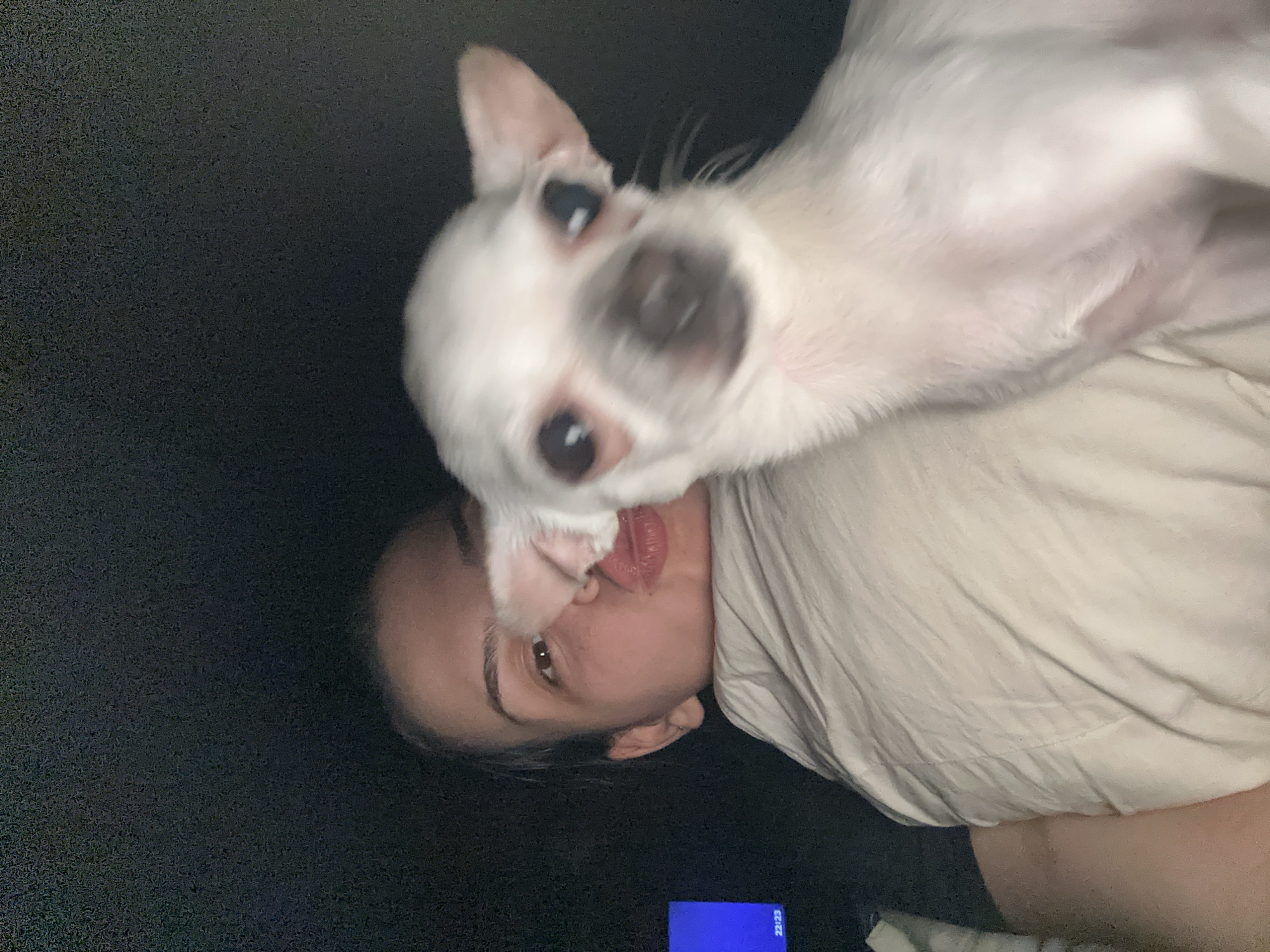 The image presents an indoor scene located in the city of Chubra, Bulgaria, under low light conditions. A light-skinned individual, likely female, is partially visible in the background, out of focus. Her right eye is open and directed towards the camera, and her lips are pursed in a kissing gesture. She is situated behind and partially obscured by a small, white-furred dog, identified as a Chihuahua, which occupies the majority of the foreground. The dog's dark, prominent eyes are focused directly towards the camera, and its ears are erect. The dog's muzzle appears slightly blurred, consistent with motion or shallow depth of field. Areas of pinkish skin are visible on the dog's chest through its short white fur. The individual is covered by a light-colored, possibly beige, fabric draped over her shoulders and chest. In the dark background to the left, a blue-illuminated screen displays the digital time "22:23" in white numerals.