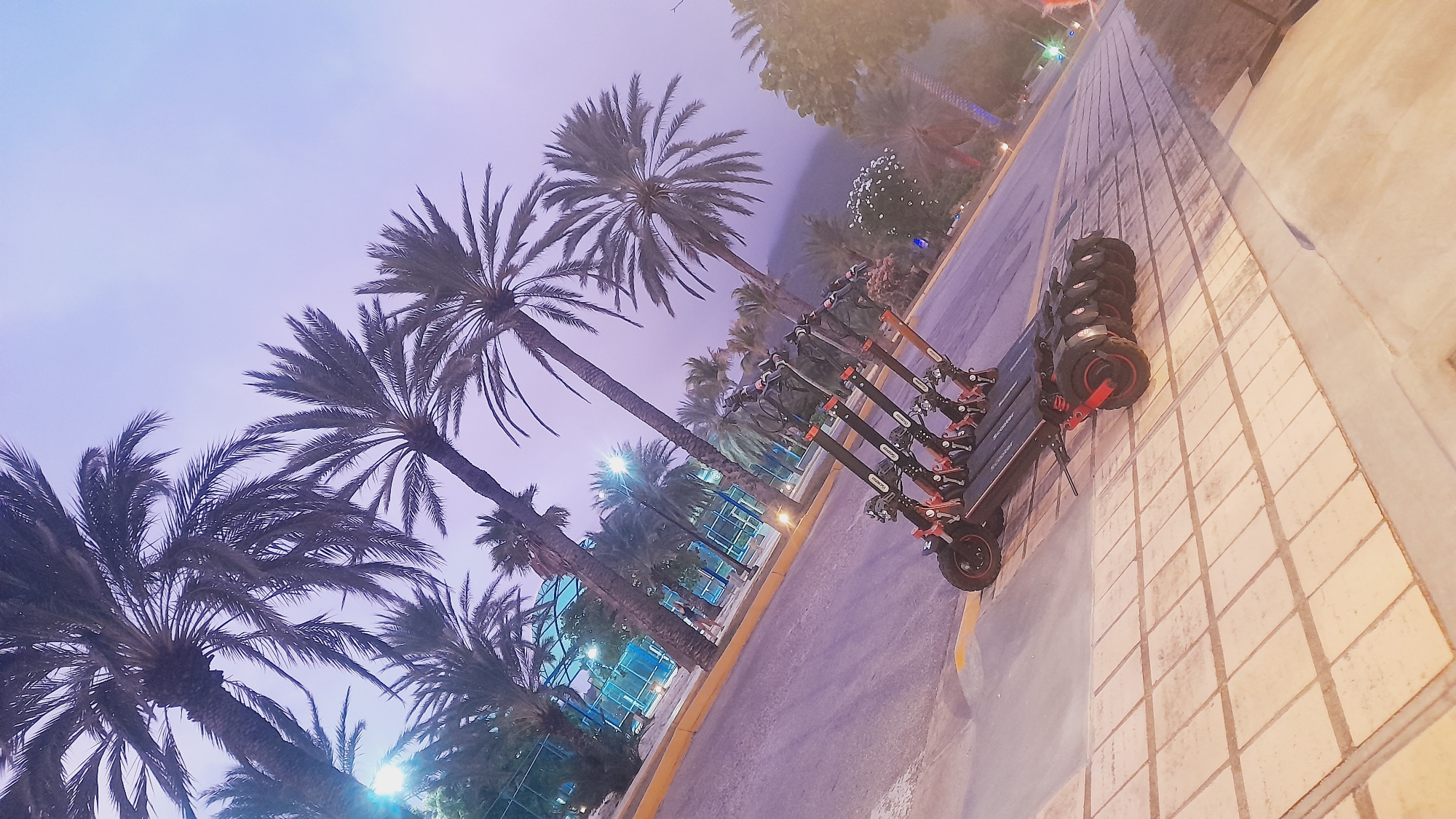 The image shows a row of electric scooters parked on a sidewalk next to a road. Palm trees line the street and a tennis court is visible in the background. The sky is overcast and the overall lighting suggests it is dusk or dawn. There are no people clearly visible in the immediate vicinity of the scooters. The scene appears to be outdoors in a tropical or subtropical location. The location of Pedro González, Venezuela is not indicated by any visual cues in the image.