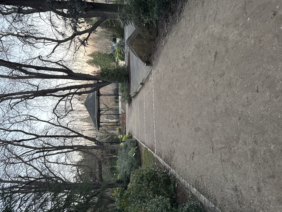 A long, winding dirt path stretches into the distance, bordered by manicured greenery on one side and towering, bare trees on the other. A gazebo sits midway along the path, partially obscured by tree branches. A large, angular rock formation stands near the path's edge. The scene suggests a peaceful park setting during the transition between seasons.