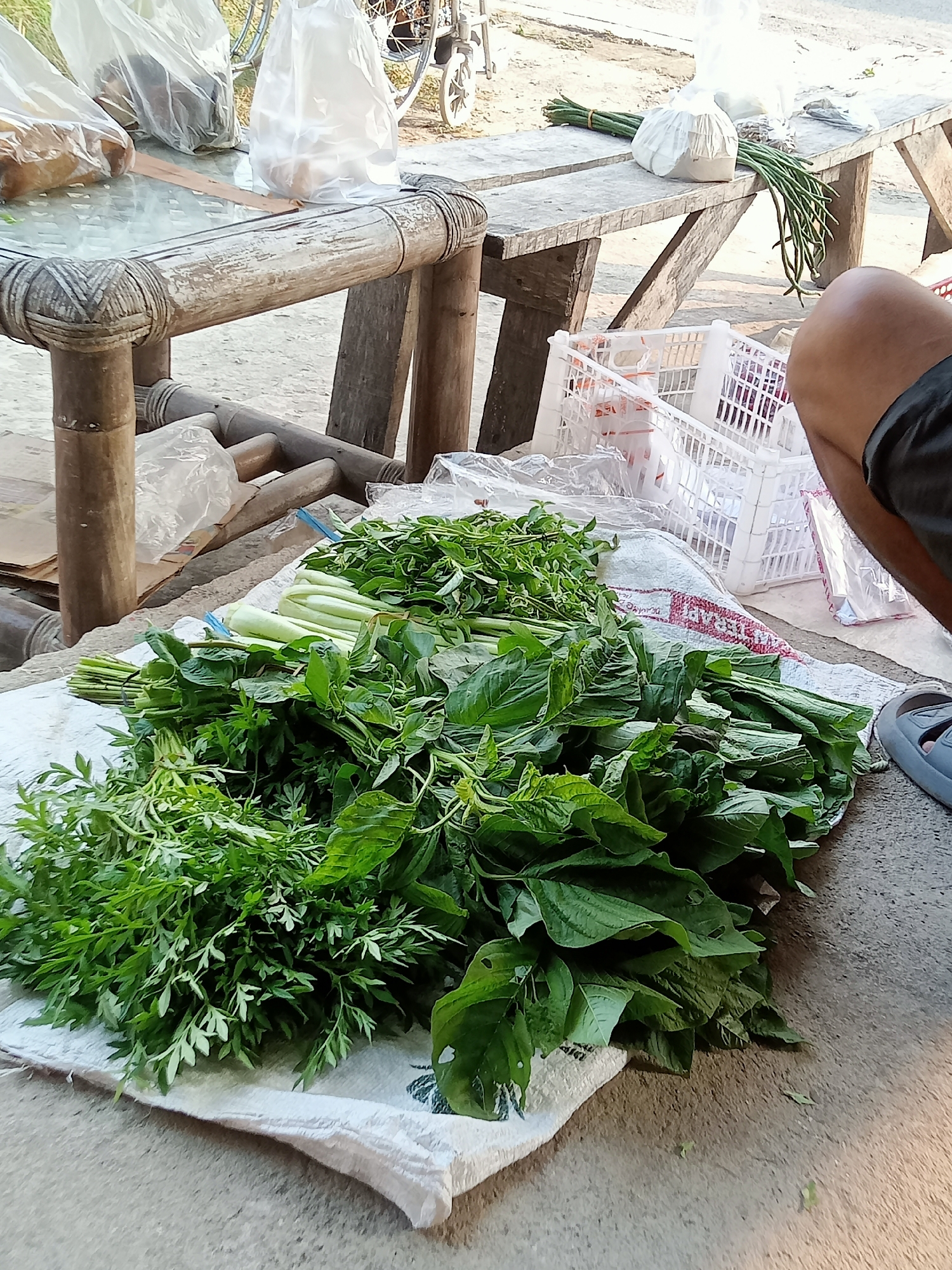 In Simo, Indonesia, a street market scene unfolds with an assortment of fresh produce laid out on a white woven mat on the ground. The mat displays a red and white logo. Dominating the foreground are several large bunches of leafy green vegetables, their vibrant foliage contrasting with the muted tones of the surrounding environment. To the left, a variety of finely chopped, feathery greens are visible. To the right, larger, darker green leaves are prominent. Behind the vegetables, a weathered wooden bench is situated. On the bench, more vegetables are displayed, including long, green beans tied together and a white plastic basket containing more produce, some of which is visible through the gaps. In the background, a glass-topped wooden table is covered with plastic-wrapped items, possibly food or goods. A bicycle is partially visible behind the table. The ground is a coarse, concrete-like surface. A person's leg and foot, wearing a dark-colored sandal, are visible in the lower right corner of the frame. The lighting suggests it is daytime.
