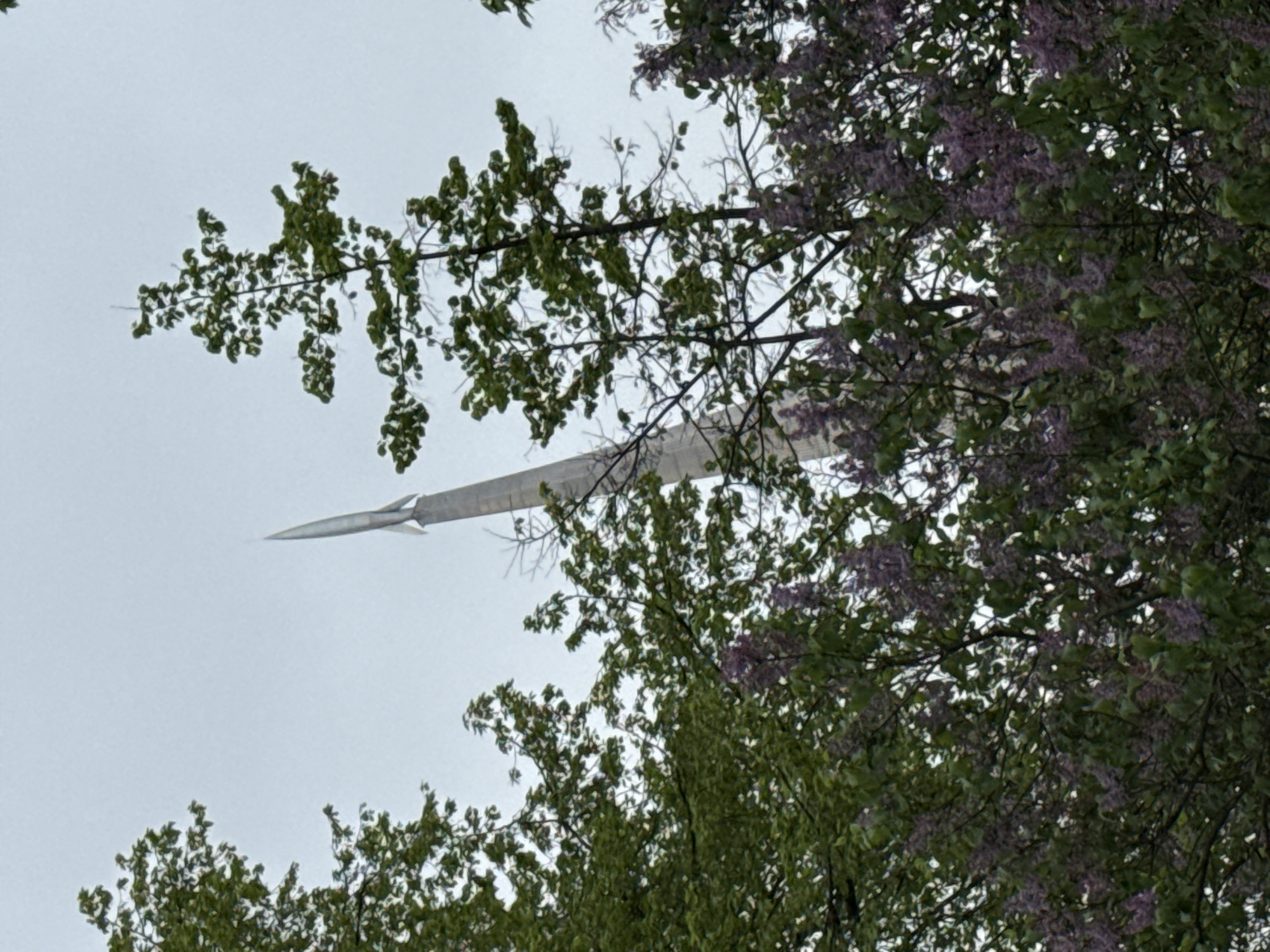 The image shows a view of the Monument to the Conquerors of Space in Moscow, Russia, partially obscured by tree branches with green leaves and purple flowers. The monument's sleek, silver design is visible against the overcast sky. The image appears to be taken from a low angle, looking up through the trees towards the monument.