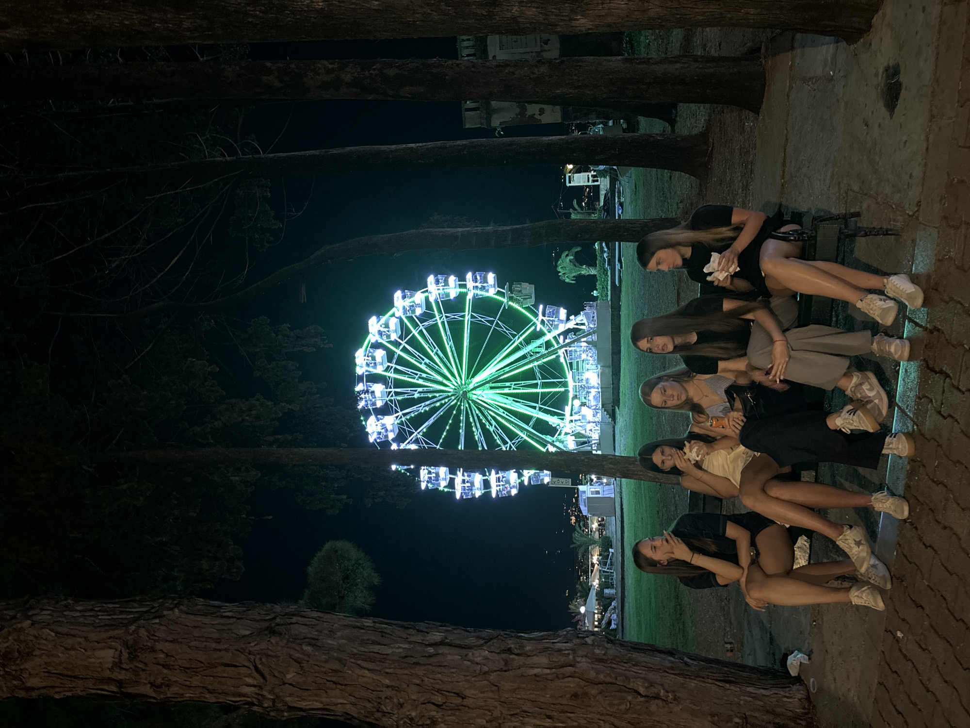The image captures a nighttime scene in Budva, Montenegro, featuring five young women seated on a bench in the foreground. Behind them, a large Ferris wheel illuminated with bright green lights dominates the background, suggesting an amusement park or recreational area. The women are casually dressed and appear to be conversing or observing their surroundings. The environment includes trees with thick trunks on either side of the frame, a grassy area, and buildings in the distance. The lighting suggests it is after dusk, with artificial lights from the Ferris wheel and possibly other establishments illuminating the scene.