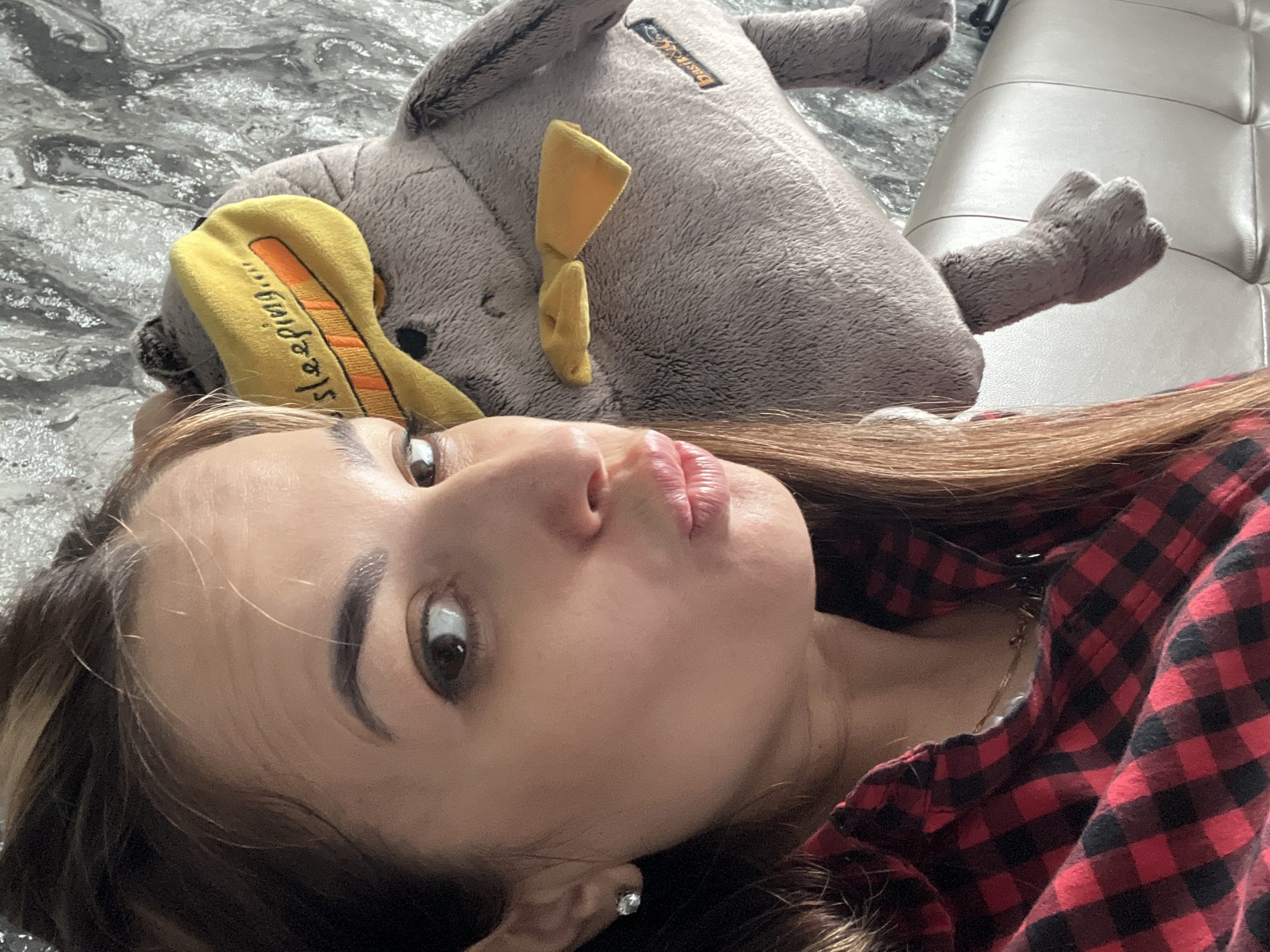 A woman is lying down with a stuffed animal next to her. She has brown hair and is wearing a red and black plaid shirt. The stuffed animal is grey and has a yellow sleep mask on its head. The background is a silver-grey textured surface. The location is unknown.