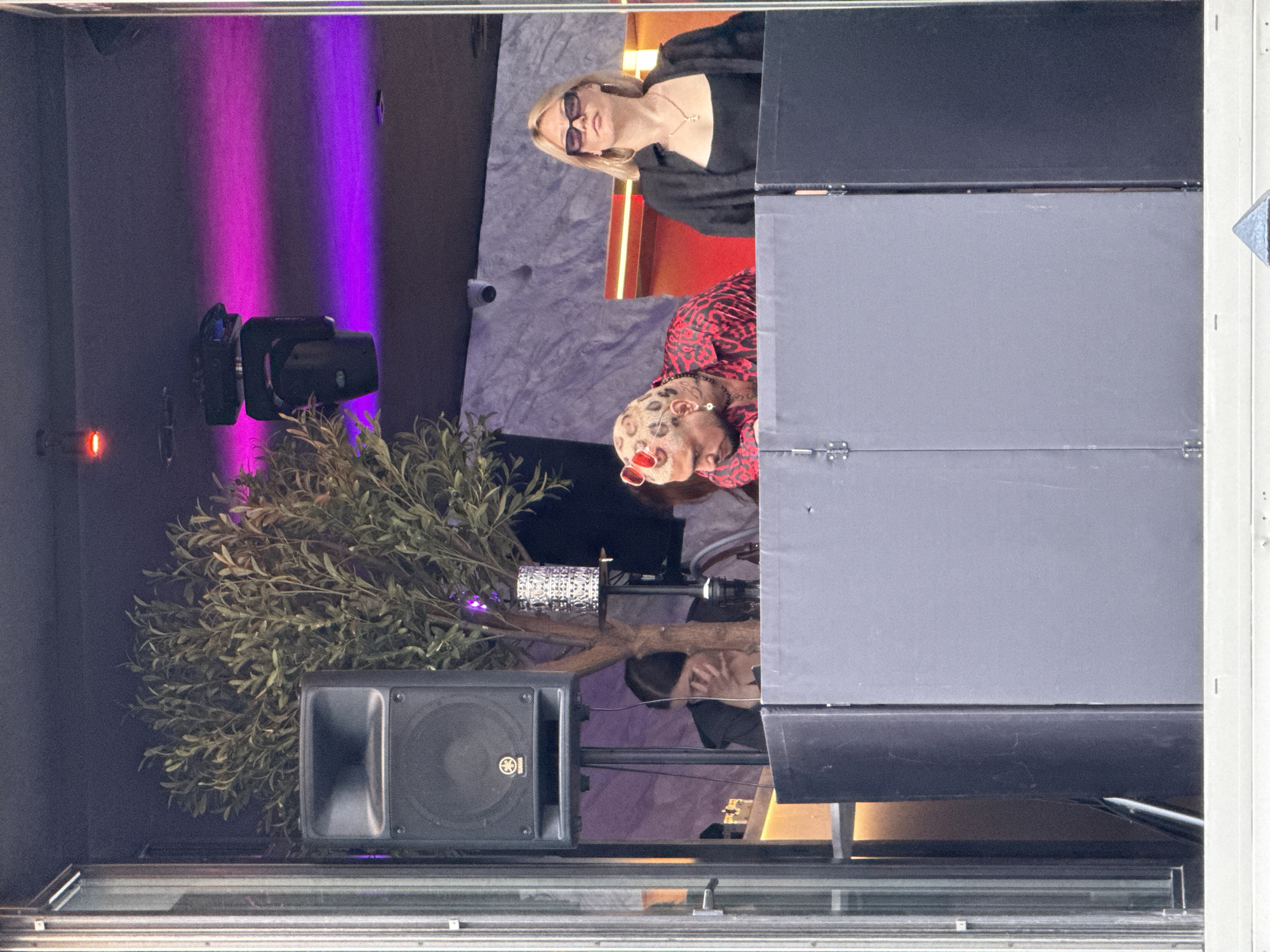 The image depicts an indoor scene, likely a bar or club, viewed through a window. In the foreground, a dark grey DJ booth spans the width of the frame. Behind the booth, a person with blonde hair, wearing sunglasses and a black top, stands on the right, looking forward. To their left, a person with distinctive blonde hair with leopard-print styling, wearing a red and black plaid shirt, is leaning over the DJ booth, appearing to operate equipment. Between them and a speaker on the far left is a decorative tree. A speaker is mounted on a stand to the left. In the background, purple lighting illuminates the ceiling and a light fixture. A security camera is visible on a wall in the mid-ground. The overall environment suggests a nightlife setting.