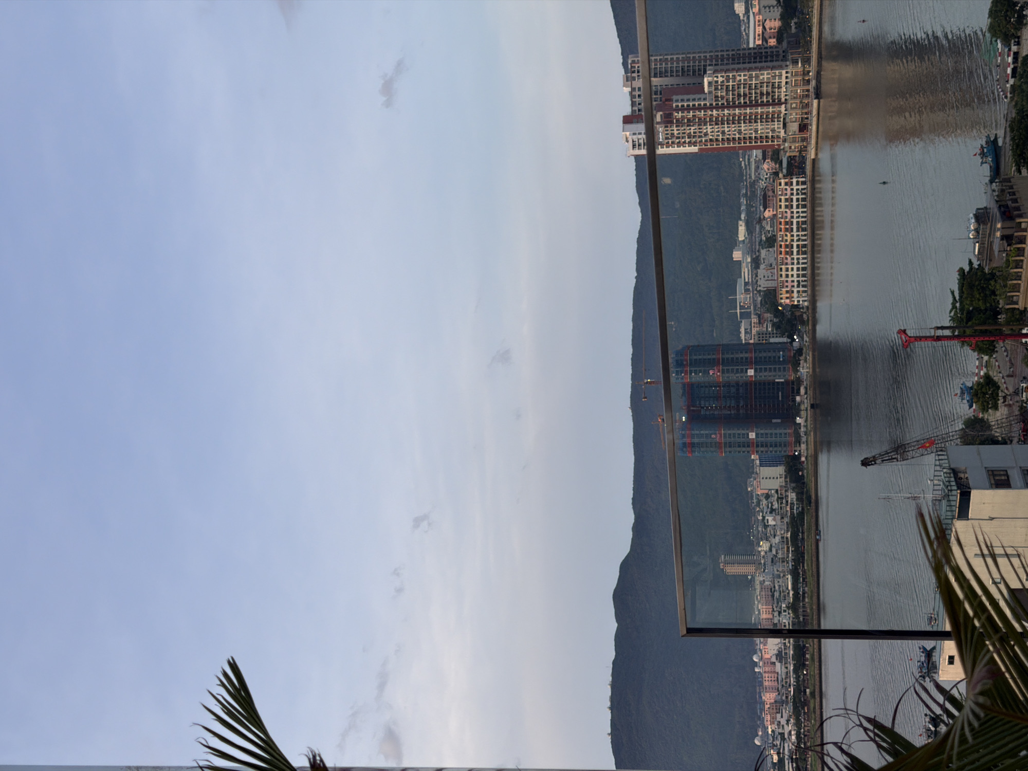 This image captures a panoramic view of the Đà Nẵng city skyline, seen from a slightly elevated vantage point, possibly a balcony or rooftop. The foreground features the fronds of a palm tree on the left and a glass railing, partially obscuring the view.
The middle ground is dominated by a wide body of water, likely the Hàn River, reflecting the soft, muted light of what appears to be late afternoon or early evening. Several boats are visible on the water, including small fishing vessels and a larger crane boat. Along the river's edge, a cityscape unfolds with numerous buildings of varying heights and architectural styles. Prominent structures include several high-rise residential buildings under construction, recognizable by their exposed framework and cranes. One particularly striking building features a predominantly red and white facade. Another notable building is a long, multi-story structure with a colorful, striped pattern on its facade.
In the background, a range of verdant, rolling hills forms a natural backdrop to the urban landscape. The sky above is a pale blue, with scattered, wispy clouds, suggesting a calm weather day. The overall atmosphere is tranquil and urban, showcasing the dynamic development of Đà Nẵng alongside its natural surroundings.