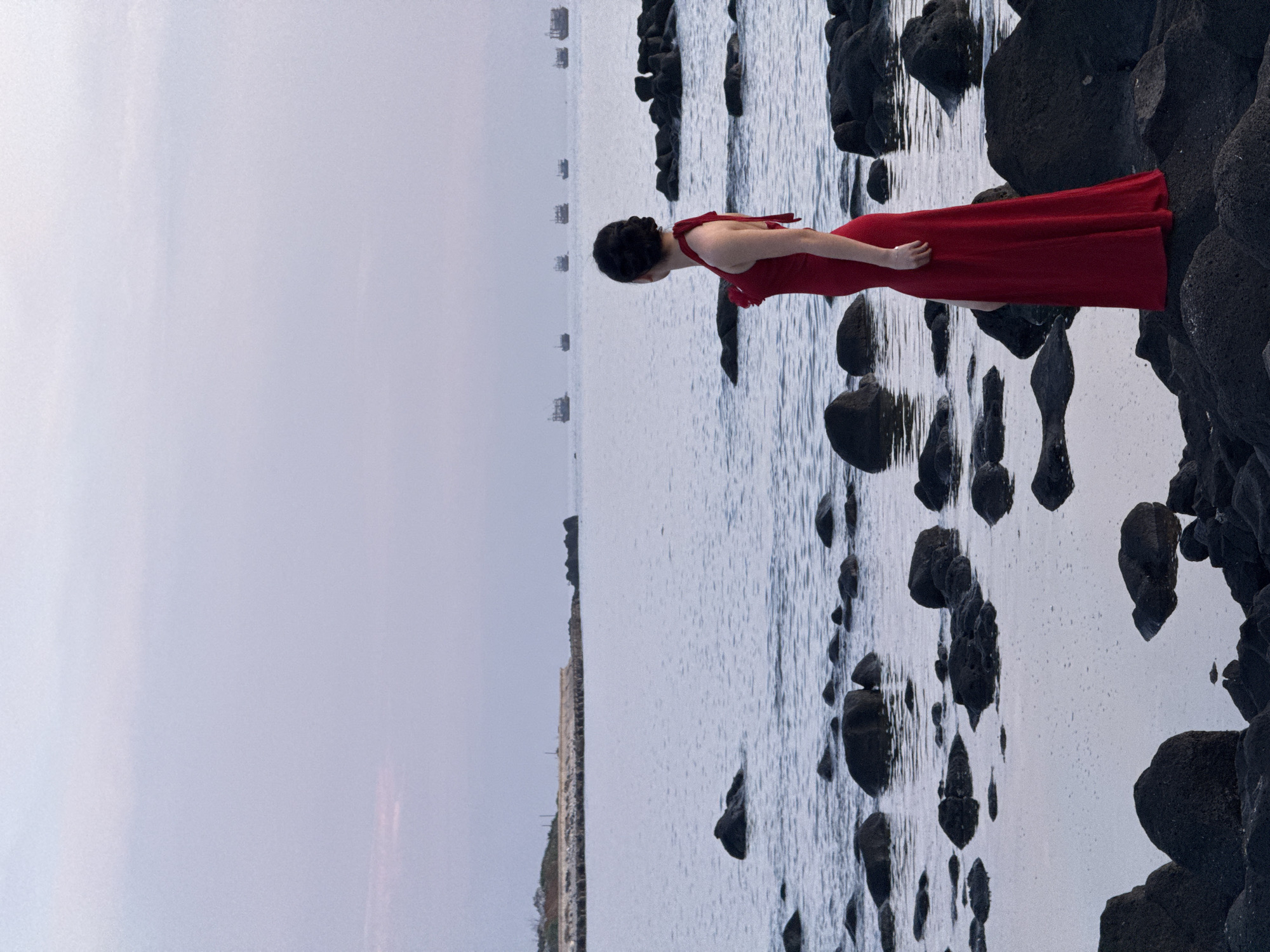 A woman in a long red dress stands on a rocky shore overlooking the sea. She is facing away from the camera, looking out at several ships in the distance. The sky is a soft, pastel hue, suggesting either dawn or dusk. The water is calm, reflecting the muted colors of the sky. The foreground is dominated by dark, jagged rocks, some of which are submerged in the shallow water. In the background, a distant coastline with vegetation can be seen. The image appears to have been taken on Lý Sơn Island, part of the Lý Sơn Special Administrative Region in Vietnam, known for its volcanic rock formations and coastal scenery.