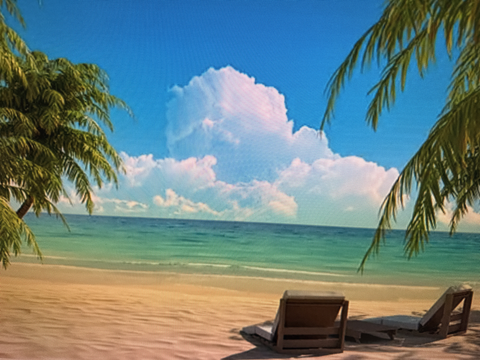 This media file depicts a serene beach scene with a calm ocean and a sandy shore. Two lounge chairs are placed on the sand, suggesting a setting for relaxation and leisure. Palm trees frame the top of the image, with their fronds casting shadows on the beach, indicating a sunny day. The sky is bright blue with large, fluffy white clouds, creating a picturesque backdrop. The ocean exhibits shades of turquoise and blue, with gentle waves lapping at the shore. The overall ambiance is one of tranquility and tropical paradise. There are no visible people or text in the image. The location context provided, Szczecin, Poland, is not supported by any visual cues within the image itself, which strongly suggests a tropical or subtropical environment.