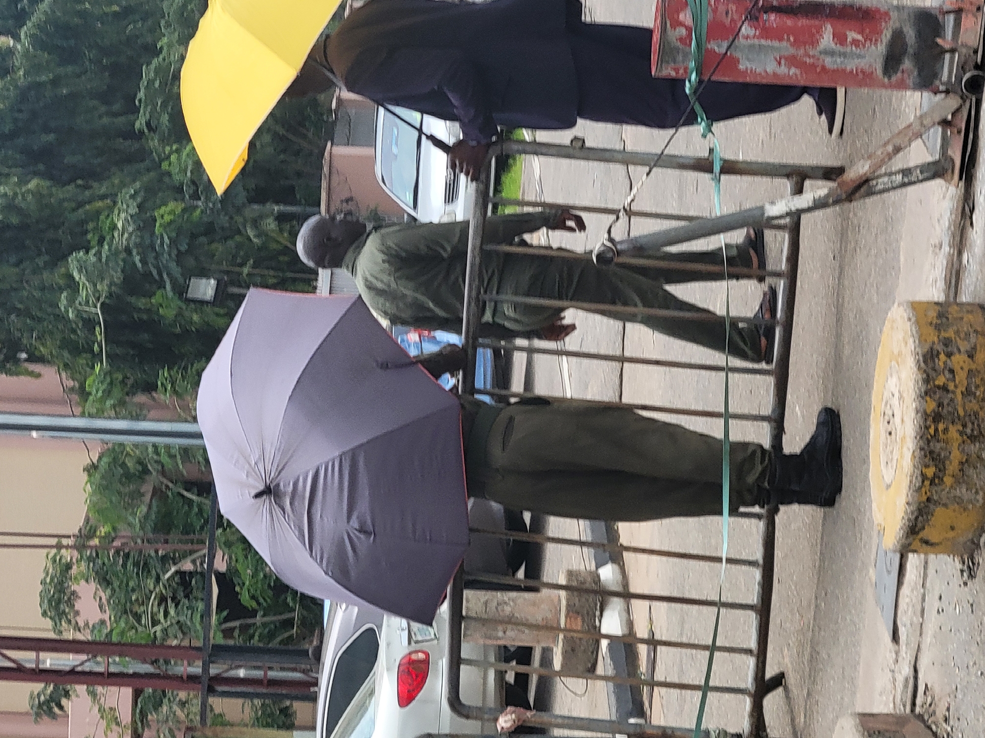 This image depicts an outdoor scene in what appears to be a controlled public area in Abuja, Nigeria. Several men are visible, along with metal barriers and vehicles.
In the foreground, a man wearing a dark grey/purple uniform and dark boots is partially seen on the left, holding an open dark grey/purple umbrella. Behind him, another man in a dark green uniform and sandals stands behind a metal barrier, facing towards the right. Further to the right, a third man in a dark suit and dark shoes holds an open yellow umbrella, with his back turned to the viewer. He is positioned near a red and white striped barrier component, which is secured with green rope. A yellow and black striped concrete bollard is visible on the far right.
The scene is dominated by multiple metal barriers, suggesting a security checkpoint, controlled access point, or a managed event. In the background, green trees and foliage are present, alongside several cars, including a white sedan. The open umbrellas indicate either protection from rain or intense sunlight, both common weather conditions in Abuja. The lighting suggests it is daytime, possibly under an overcast sky or diffused sunlight. No visible text is present in the image.