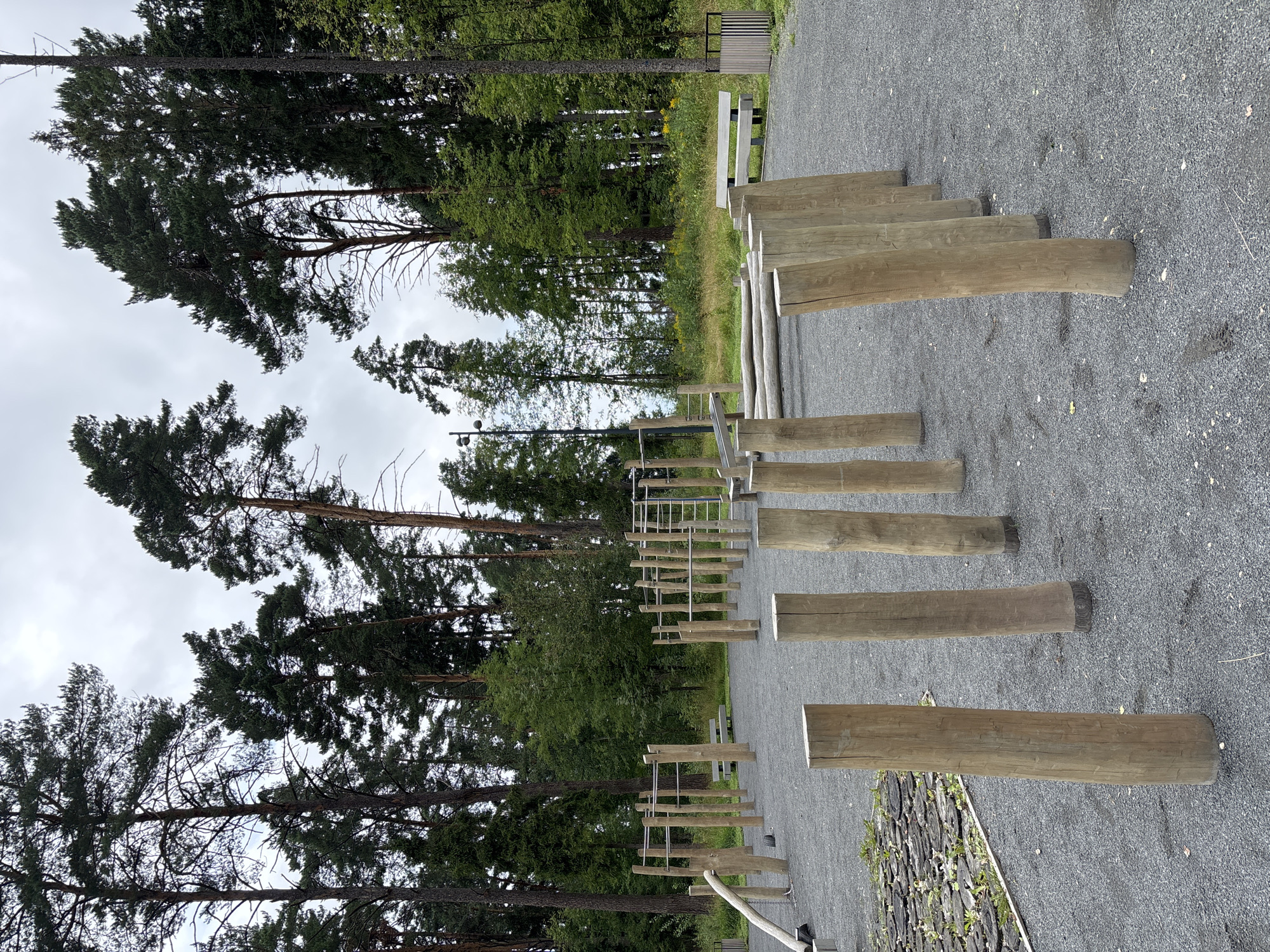 An outdoor fitness park is depicted, featuring various wooden obstacles set against a backdrop of tall pine trees. The ground is covered in dark grey gravel. In the foreground, several roughly hewn wooden logs are planted vertically. Further back, a series of horizontal wooden logs are arranged as a balance beam. To the left, a structure with wooden posts and metal bars, likely part of a parallel bar or pull-up station, is visible. To the right, a bench is placed near a trash receptacle. The sky is overcast. The location is identified as Pavlovskaya Sloboda, Russia. There are no people or animals present in the scene.