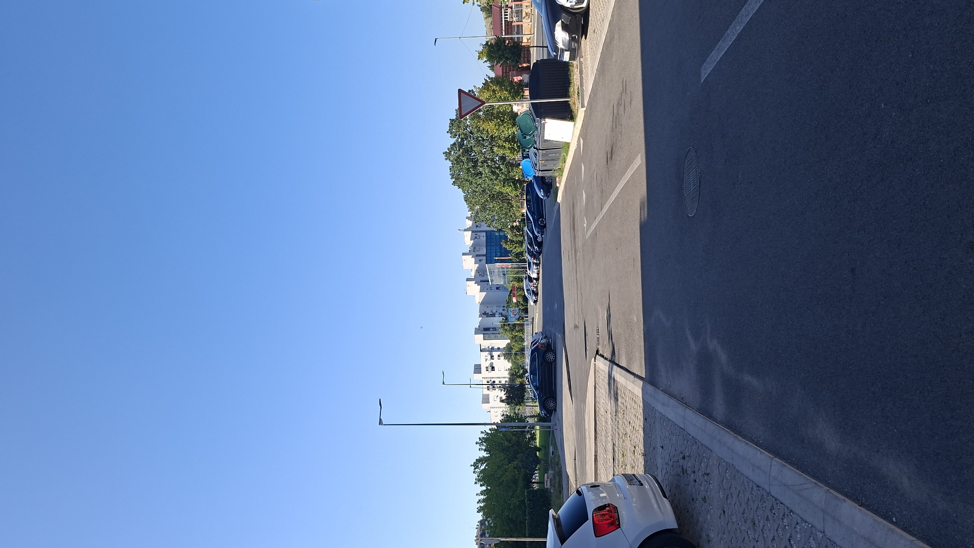 A vertical, eye-level outdoor shot captures a street view of a parking lot and surrounding urban elements in Podgorica, Montenegro. The sky is a clear, bright blue, dominating the upper half of the image. In the middle ground, a row of cars is parked along an asphalt road. Beyond the parked cars, a line of trees separates the parking lot from a cluster of modern, multi-story buildings. A few streetlights are visible, one in the mid-left and another further back. The foreground shows the edge of the asphalt parking lot and a white car parked on the left. The overall scene depicts a typical daytime urban environment.