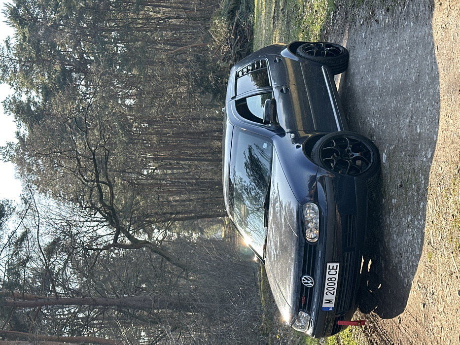 A dark blue Volkswagen Golf MK4 GTI, featuring aftermarket black multi-spoke alloy wheels, window visors, and a red fabric tow strap on the front left bumper, is stationary on an unpaved dirt path. The vehicle displays a Bulgarian license plate, "M 2008 CE". Sunlight reflects off the windshield and hood. The path is bordered by a dense forest consisting of tall deciduous trees with bare branches and numerous coniferous trees. Sparse dry vegetation is visible on the ground. A pile of cut branches and wood debris is located to the right rear of the vehicle. No individuals are present. This scene is situated in a forested area near the city of Hövelhof, Germany.