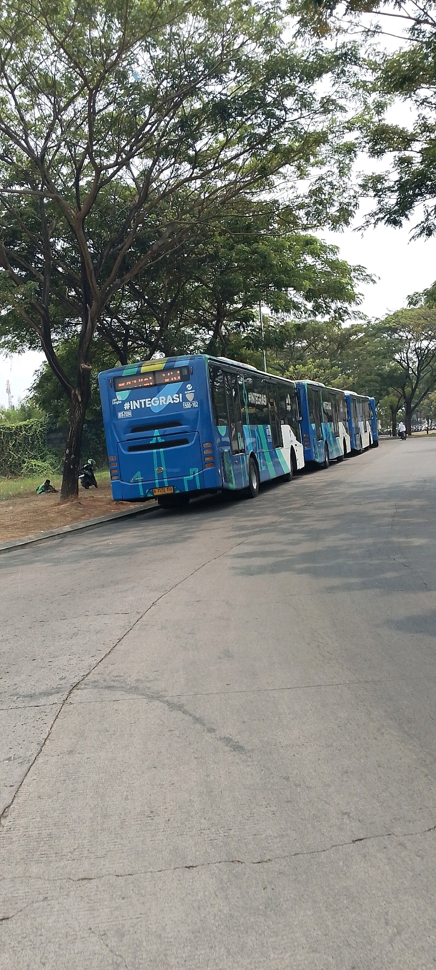 The image shows a line of blue articulated buses parked on the side of a road in Bekasi, Indonesia. The buses have the hashtag "#INTEGRASI" prominently displayed on their sides. In the foreground, the road surface is cracked concrete, with shadows cast by trees. To the left of the road, there is a grassy area with several people and a motorcycle. Large trees with dense green foliage dominate the background. The sky is overcast, suggesting a cloudy day.