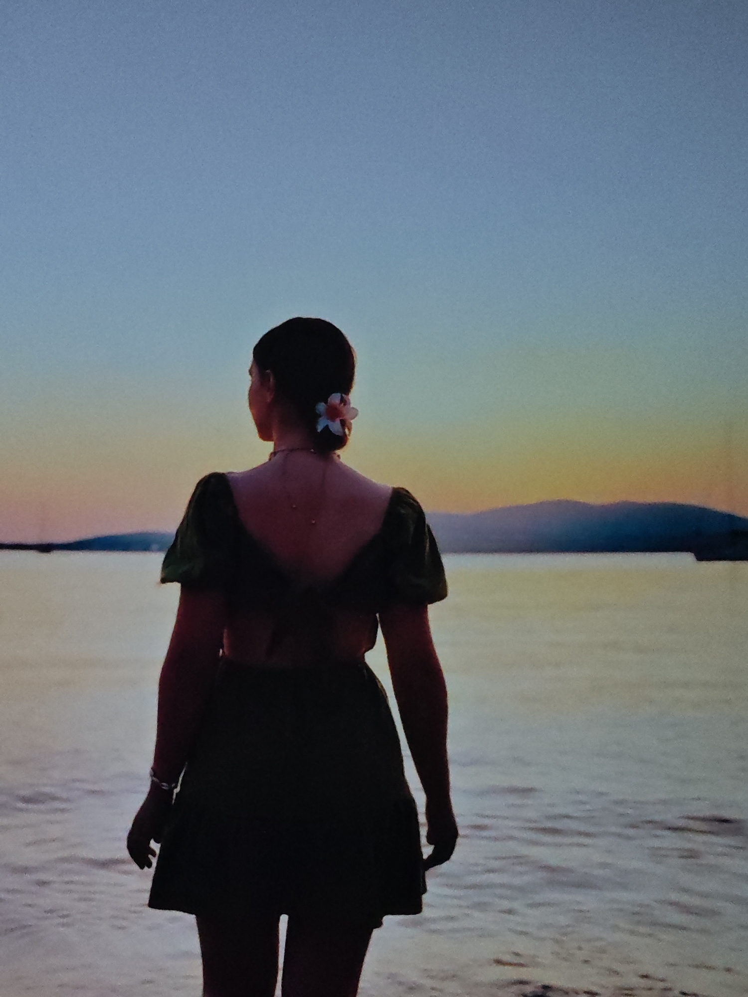 A silhouette of a woman stands with her back to the viewer, facing a body of water and a distant mountain range. She has dark hair adorned with a white and pink flower. She is wearing a dark, possibly green, off-the-shoulder dress. The sky is a gradient of blue and pale yellow, indicating either sunrise or sunset. The water is calm with gentle ripples. The location is not specified.