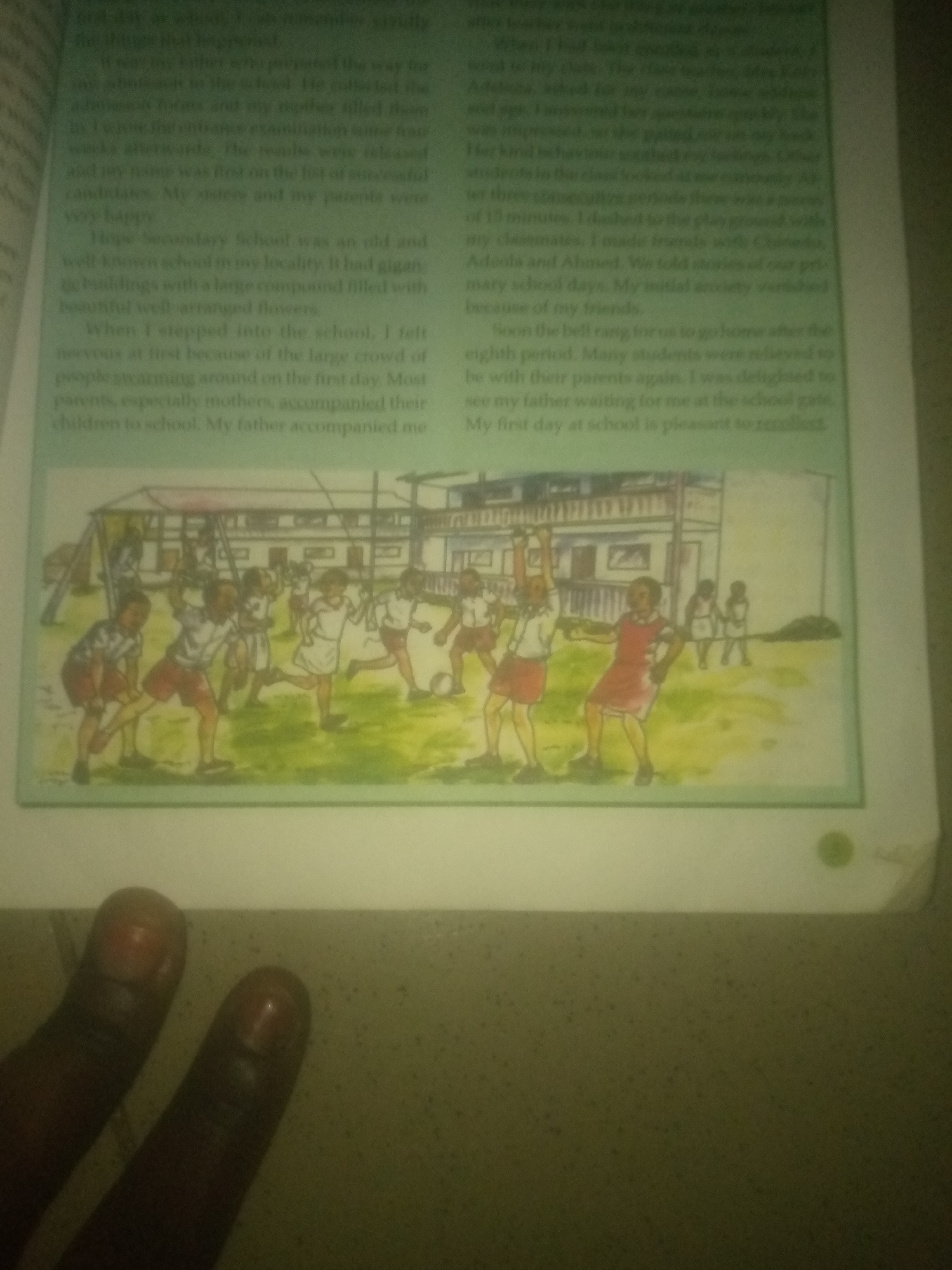 The image shows a page from a book with text and an illustration. The text is in English and describes a school experience. The illustration depicts several children playing outdoors in front of a building that appears to be a school. There are swings and a soccer ball visible. The overall scene is bright and cheerful. The text mentions "Jauro Yinu" in relation to a school, indicating that the story takes place in that location. The presence of an illustration suggests this is likely a children's book or a book with educational content for a younger audience.
