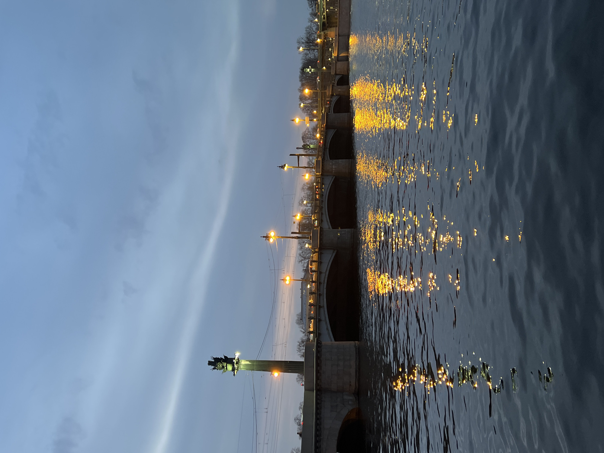 The image depicts a twilight scene of the Birzhevoy Bridge (Exchange Bridge) over the Malaya Neva River in Saint Petersburg, Russia. The perspective is from the water, looking towards Petrogradsky Island, with one of the Rostral Columns of Vasilyevsky Island on the left.
The lower half of the frame is dominated by the dark, rippled surface of the Malaya Neva River, displaying numerous elongated, shimmering golden-yellow reflections from the bridge's lights. On the far left, a tall, dark, fluted Rostral Column stands prominently, illuminated from its base by a bright yellow light, highlighting its ornate sculptural top.
The Birzhevoy Bridge, a multi-arched stone structure, spans the river across the middle of the image. Approximately fifteen ornate streetlights line the bridge and its approaches, emitting a warm golden-yellow light. Faint outlines of vehicles, indicated by dim headlights and taillights, are visible on the bridge, suggesting ongoing traffic. Multiple thin, dark overhead wires stretch horizontally across the space above the bridge.
Beyond the bridge, on the far bank, a line of bare deciduous trees is visible. The sky, occupying the upper third of the image, is a dark blue-gray, with a distinct, lighter, horizontal band of clouds across the upper-middle section. A single, indistinct dark silhouette, possibly a person, is faintly discernible on the far left side of the bridge, near the base of the Rostral Column. No explicit actions or interactions are clearly visible.