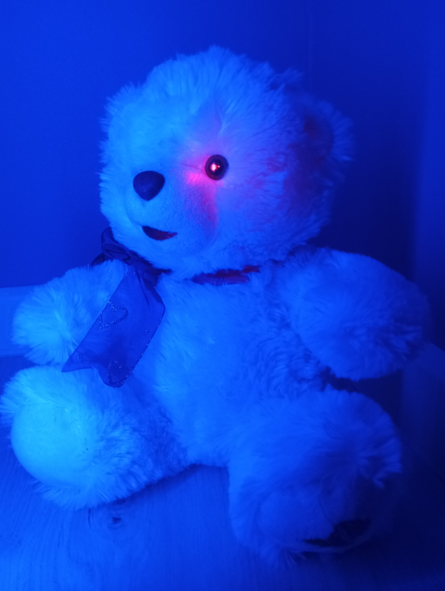 A stuffed, white teddy bear sits in a room illuminated by blue light. The bear has a black nose and mouth and wears a blue ribbon with small heart details. One eye of the bear is illuminated with a red light. The bear is sitting on a wooden surface. The location is not discernable as Pervomaysky, Russia.