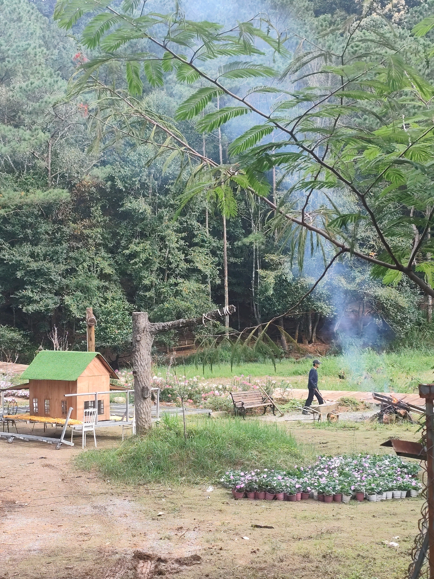 In a natural, outdoor setting likely on the outskirts of Da Lat, Vietnam, a man walks across a dirt path carrying a shovel. He is dressed in a dark long-sleeved shirt and dark pants, wearing a dark cap. The environment is verdant, with a dense forest of pine and deciduous trees forming the backdrop. In the mid-ground, a small wooden playhouse with a green roof sits on a metal platform. Nearby, a wooden bench is positioned amidst a bed of pink flowers. To the right, a pile of burning wood emits a plume of white smoke that drifts into the hazy atmosphere. The foreground is a patch of dry, sandy ground with a large cluster of potted pink flowers. The overall impression is of a rural or semi-rural area, possibly a garden or a campsite, with signs of recent outdoor activity.