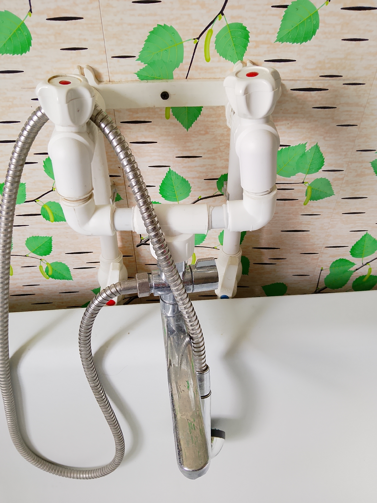 In Tokarevka, Russia, a close-up, high-angle shot captures a white bathtub faucet with two knobs and a chrome showerhead attached via a flexible metal hose. The faucet is mounted on a white bracket against a beige-and-white patterned wallpaper featuring green leaves. The wallpaper's design suggests a nature-inspired theme, with individual leaves and small green buds. The white faucet has red indicators on its knobs, likely signifying hot and cold water. The showerhead is suspended over the edge of the bathtub, which is visible in the lower part of the image as a white surface. The scene is illuminated by overhead lighting, casting soft shadows. The image is focused on the faucet and showerhead assembly, with the background wallpaper providing context.