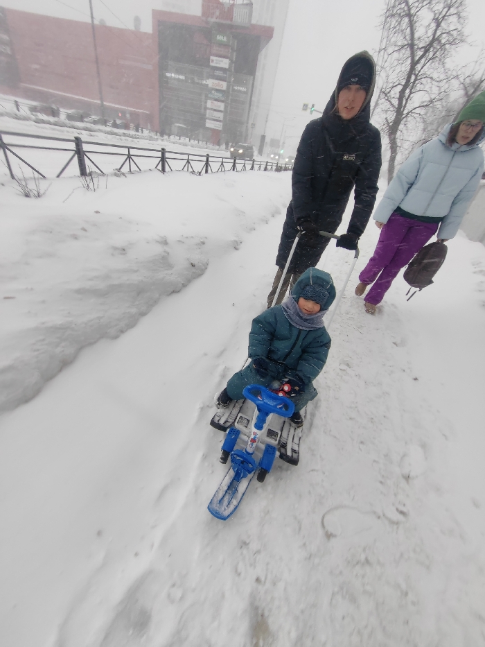 A family braves a snowy day. A young child sits on a blue snow scooter, being pulled by an adult in a black hooded coat. Beside them, another adult in a light blue puffer jacket and purple pants walks with a bag slung over their shoulder. Snow covers the ground, fences, and buildings in the background, obscuring details in the blizzard-like conditions.