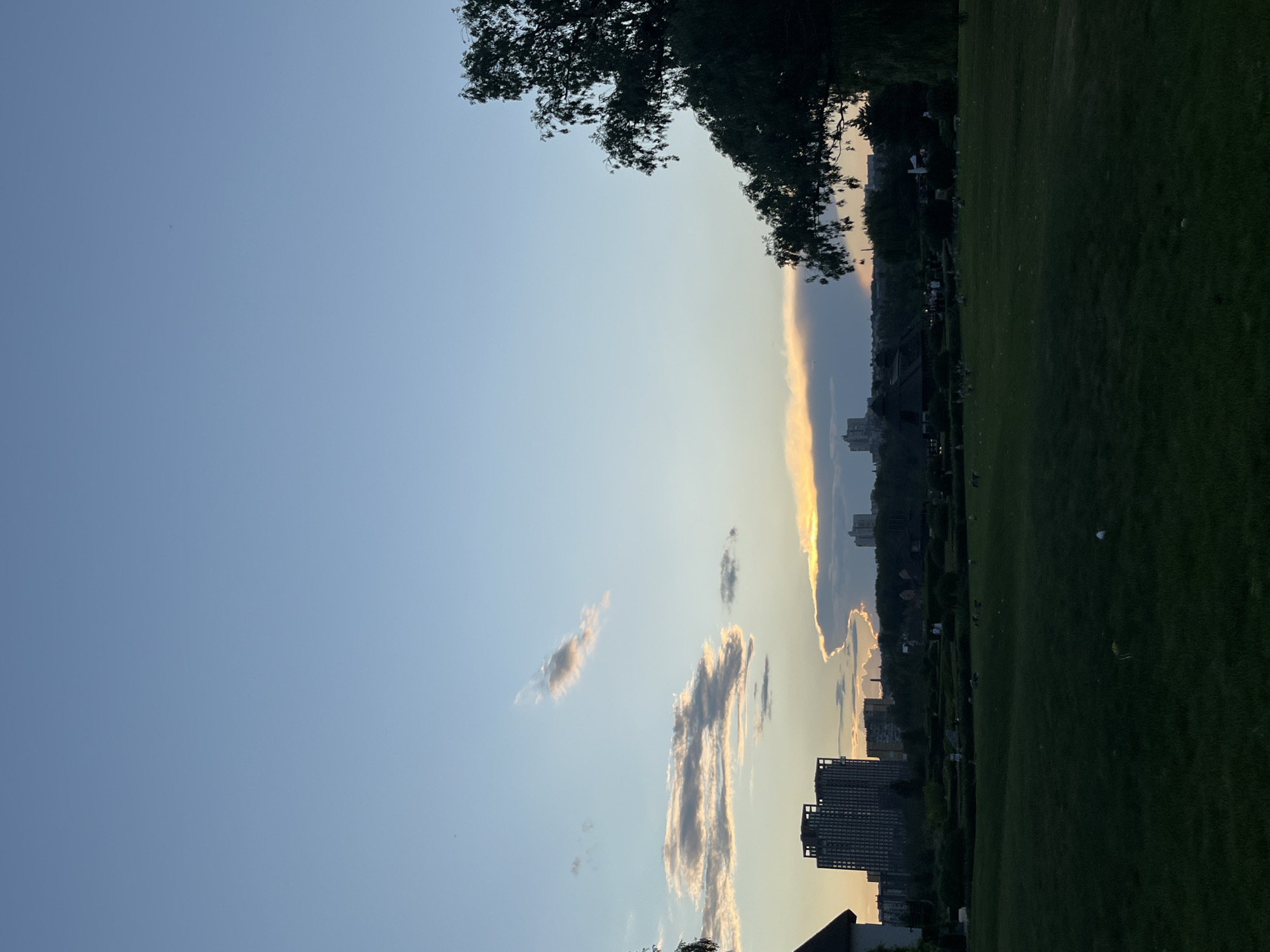 This is an outdoor photograph taken at dusk in the city of Dnipro, Ukraine. The scene captures a grassy park in the foreground, with several scattered white objects, possibly plastic bags or debris, on the lawn. In the middle ground, there is a densely vegetated area with some structures, including a building with a dark, angular roof. Further back, a city skyline is visible, dominated by a tall, dark, modern high-rise building on the left. Several other buildings of varying heights and styles are also present. The sky above is a gradient of pale blue and soft orange, indicating the setting sun, with a few wispy clouds. A large, dark tree with drooping branches partially obscures the right side of the frame. The overall impression is a tranquil urban park scene at twilight.